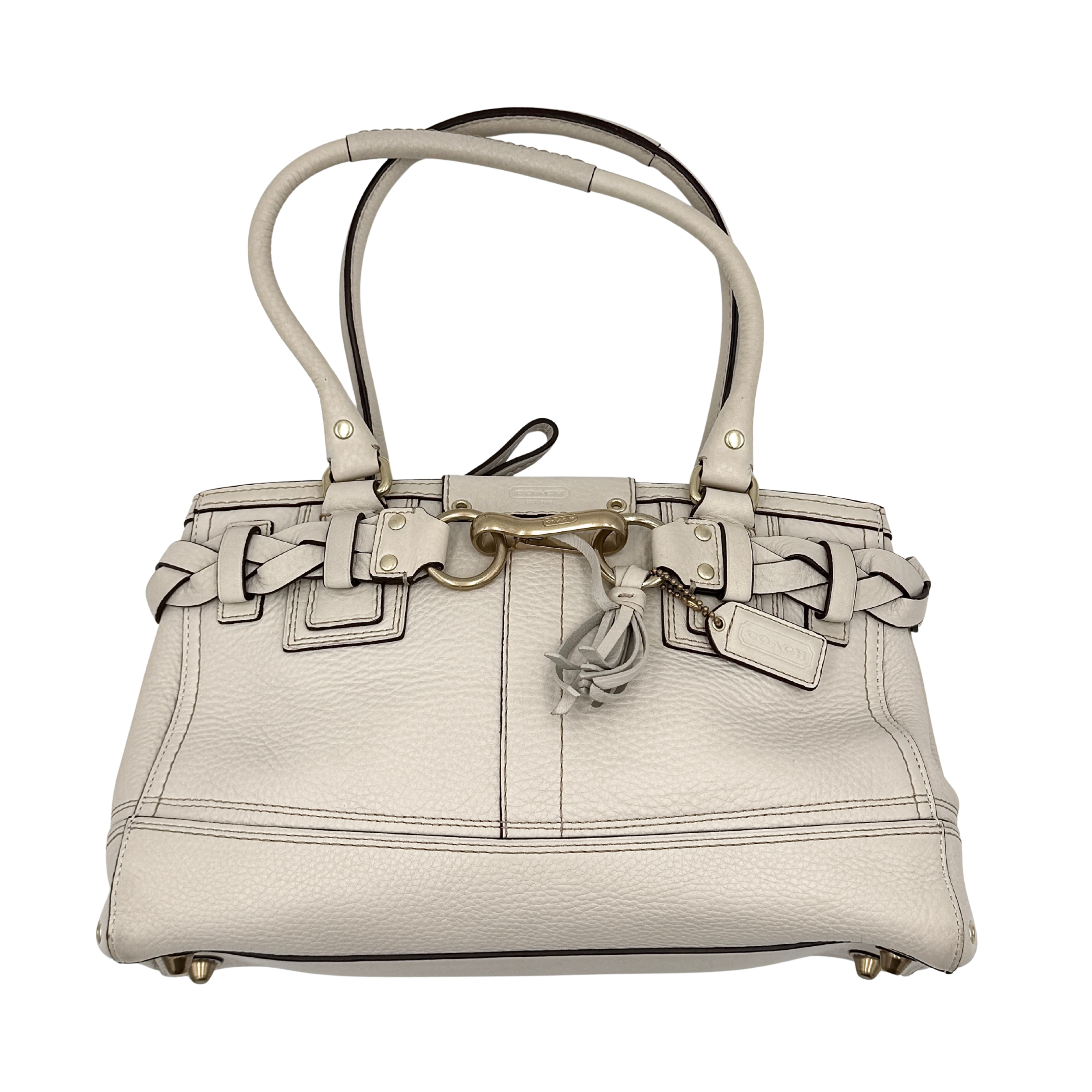 Coach Signature Hampton Carryall Shoulder Bag in ivory pebbled leather with gold-tone hardware and braided detailing, shown from the front.