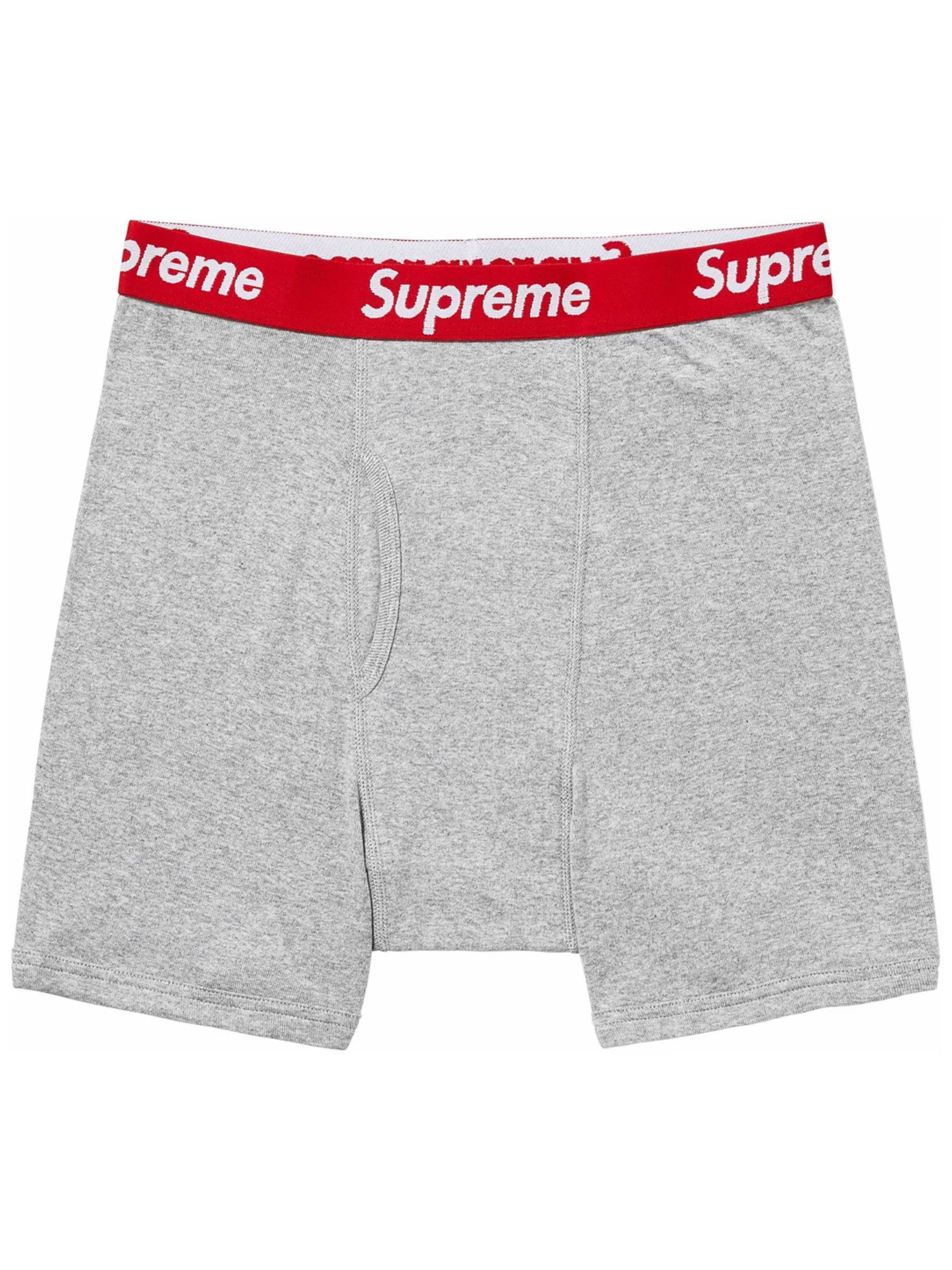 Supreme Hanes Boxer Briefs 2-Pack in Heather Grey from SS24, featuring Supreme logo waistband and stretch cotton fit.