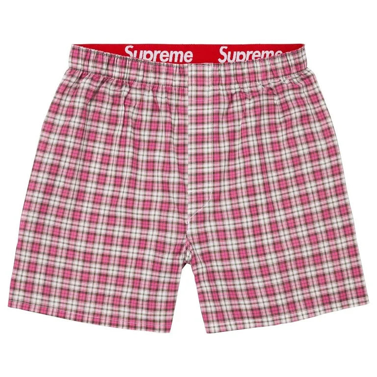 Supreme x Hanes multicolour plaid boxers 4 pack with original packaging, shown in four colours and iconic red Supreme waistband.