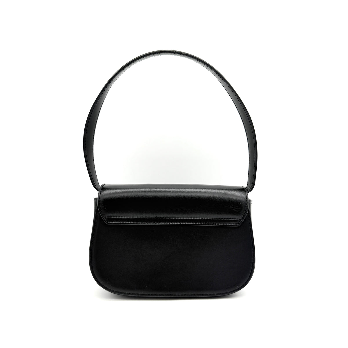 Diesel 1DR Shoulder Bag in black leather with a bold silver and black D logo plaque on the front flap.