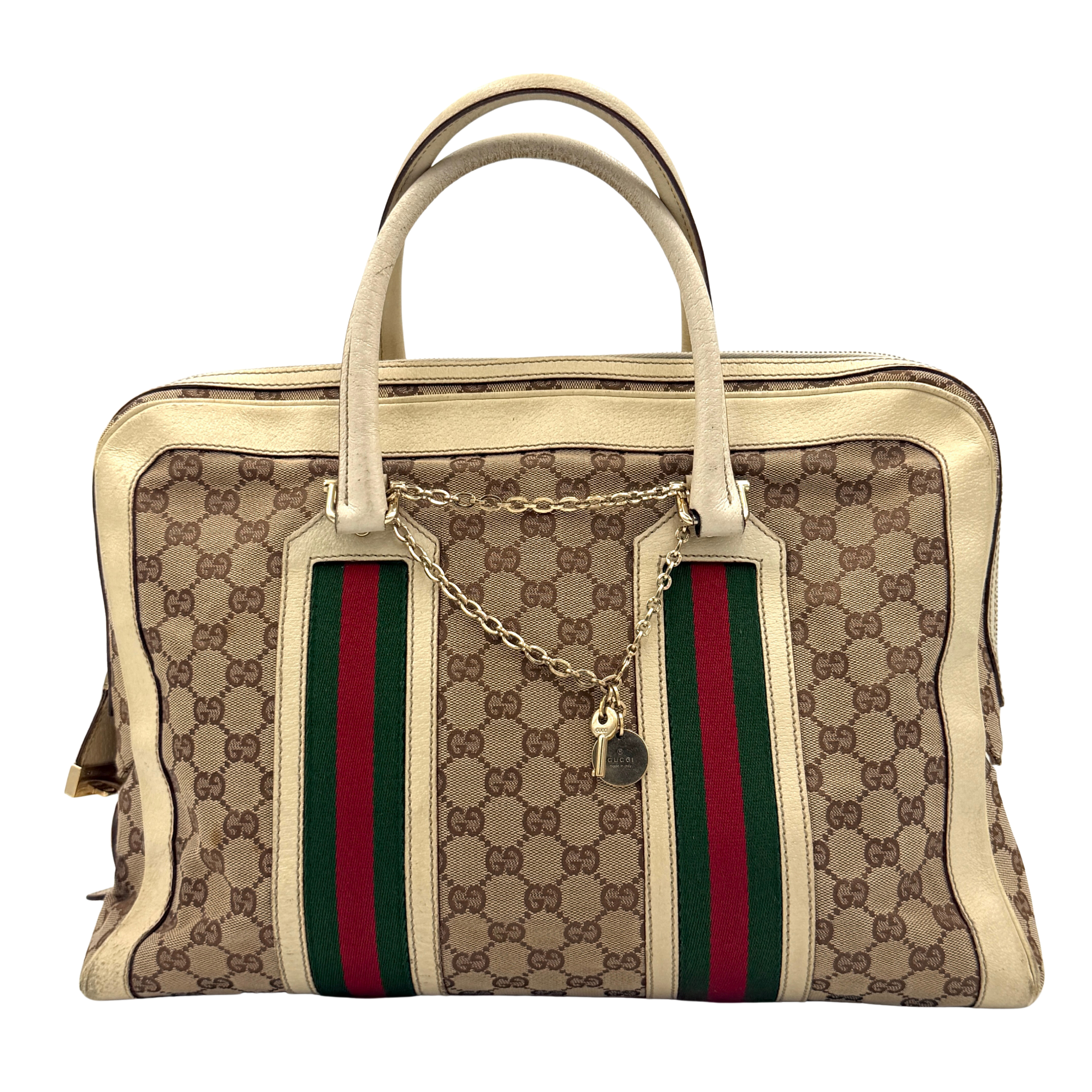 Gucci GG Monogram Stoffa Shoulder Bag in beige canvas with cream leather trim, iconic web stripes, and gold-tone chain detail.