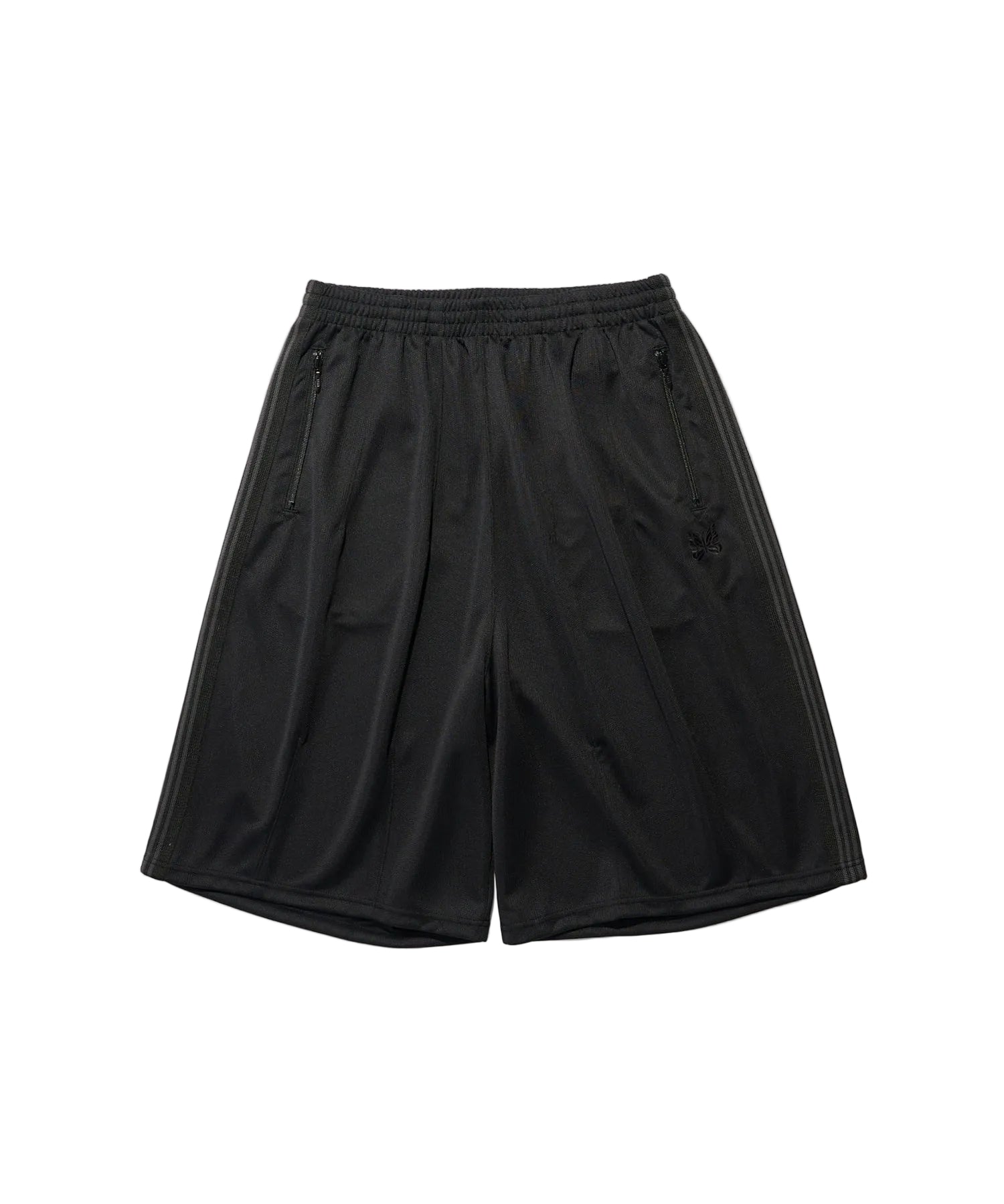 Needles H.D. Poly Mesh Track Shorts in black with butterfly embroidery and zip pockets, photographed flat against a white background.