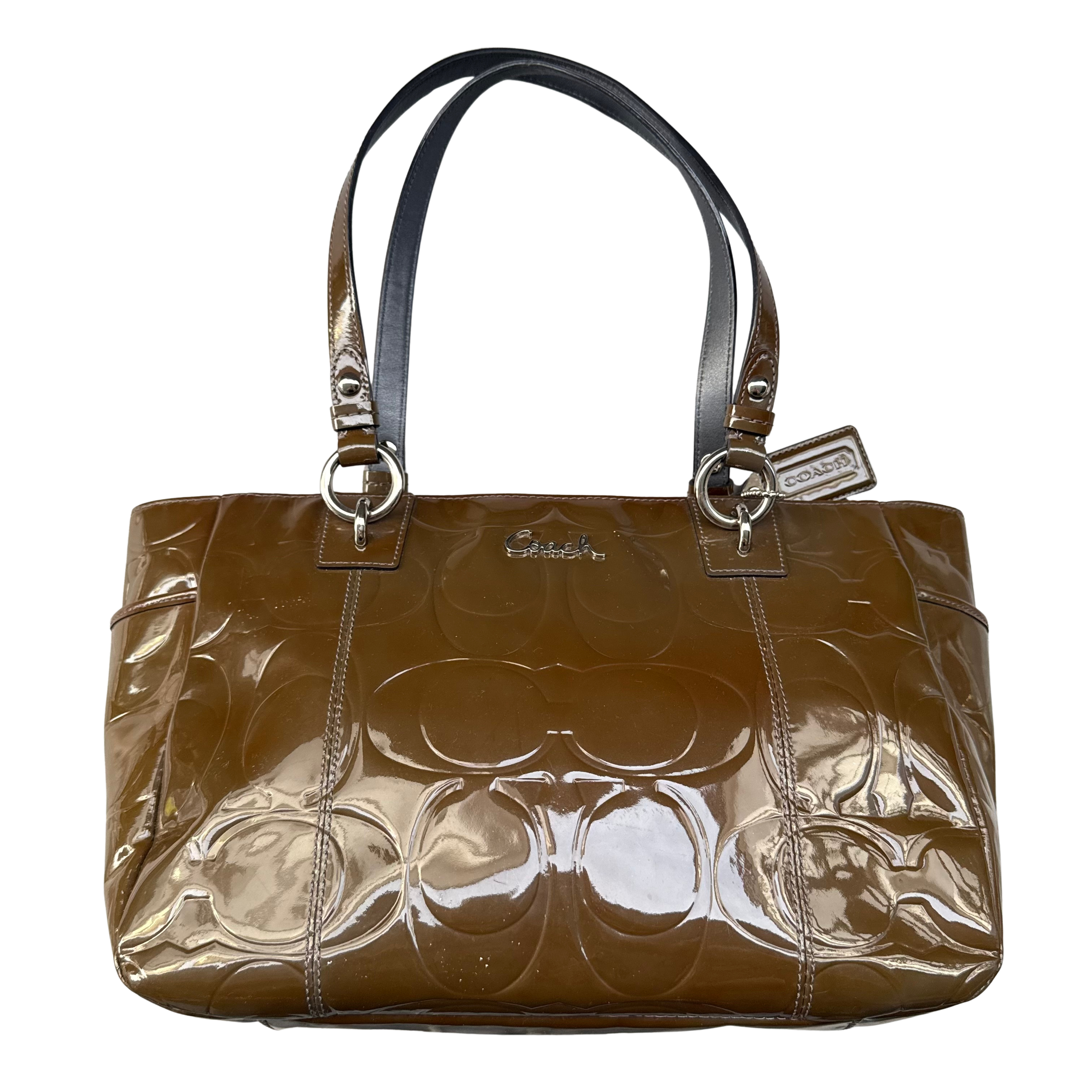 Coach Op Art Embossed Patent Leather Gallery Tote Bag Brown