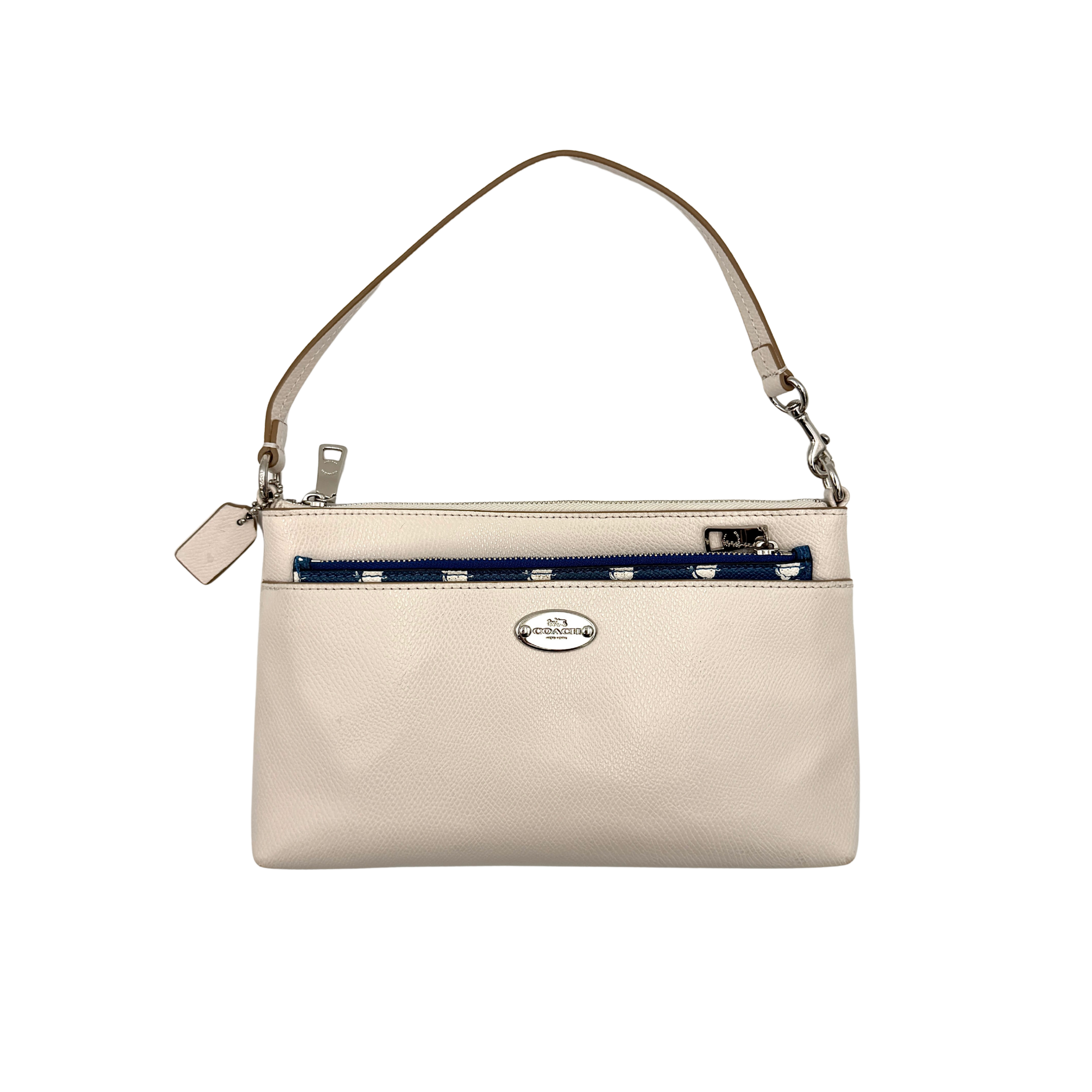Coach 2in1 Floral Pop Pouch Shoulder Bag in ivory leather with detachable top handle and silver hardware, featuring a navy floral printed insert.