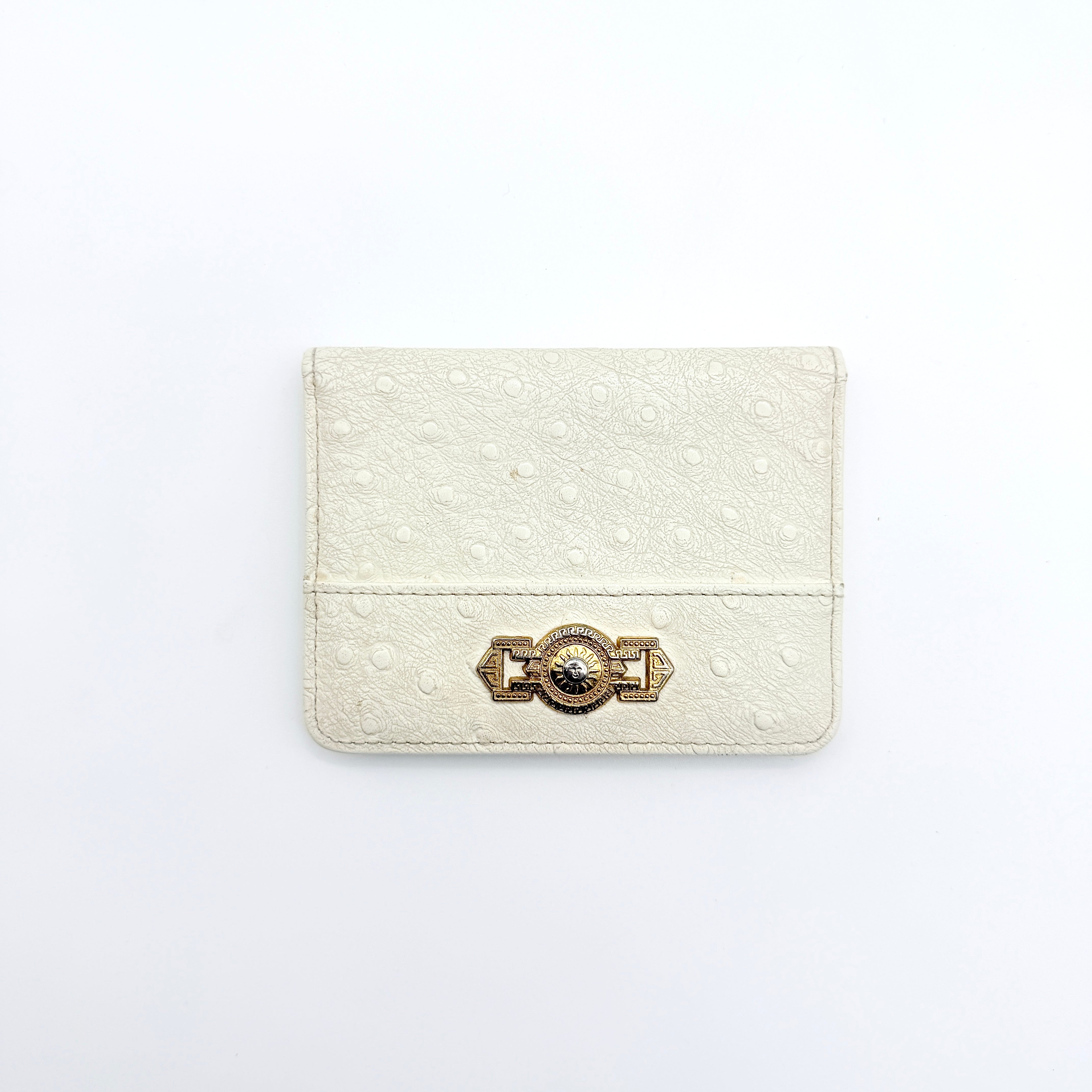 Versace Ostrich Leather Sunburst Medallion Card Case Cream/Gold
