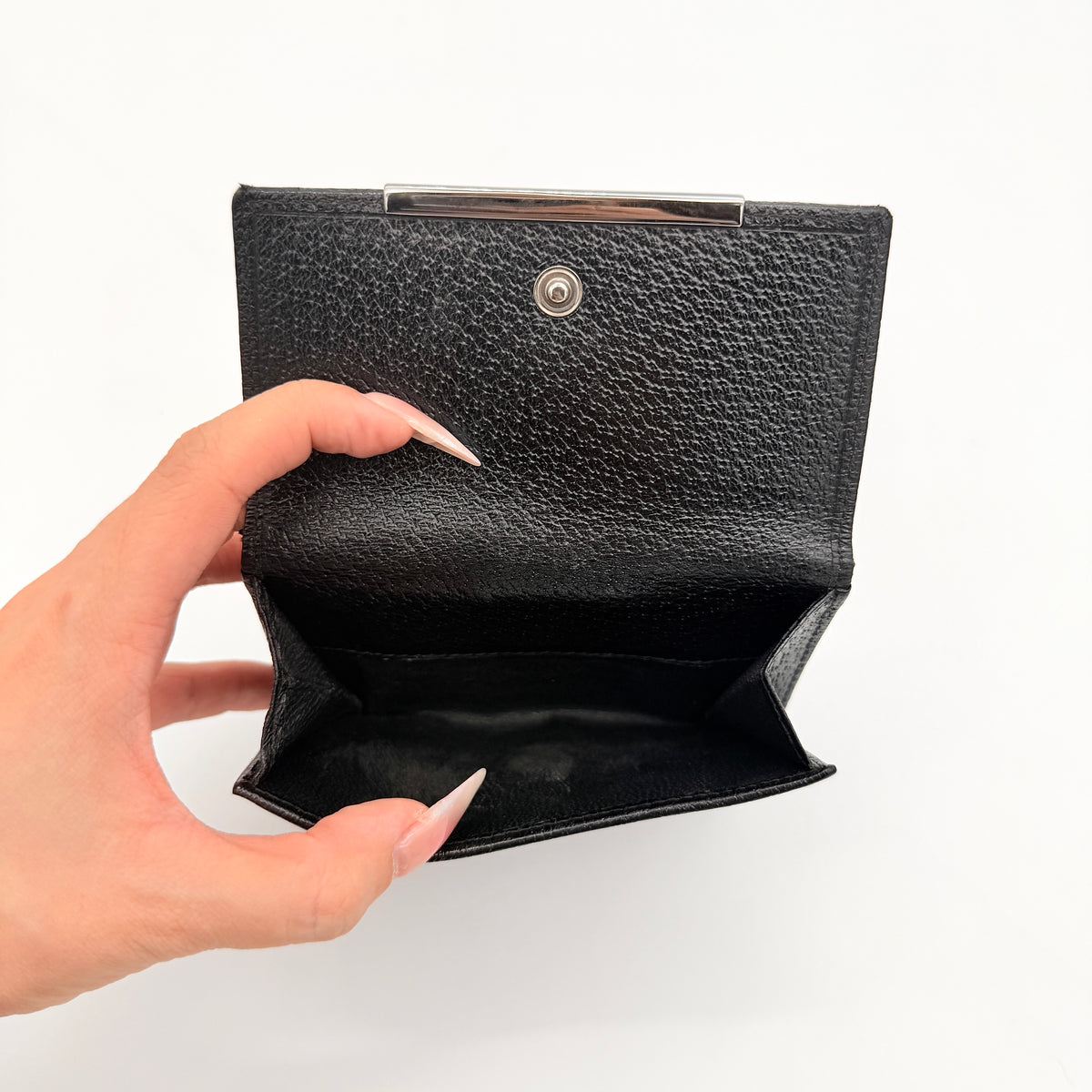 Gucci black GG Monogram French Flap Wallet with silver-tone bar hardware and original box.