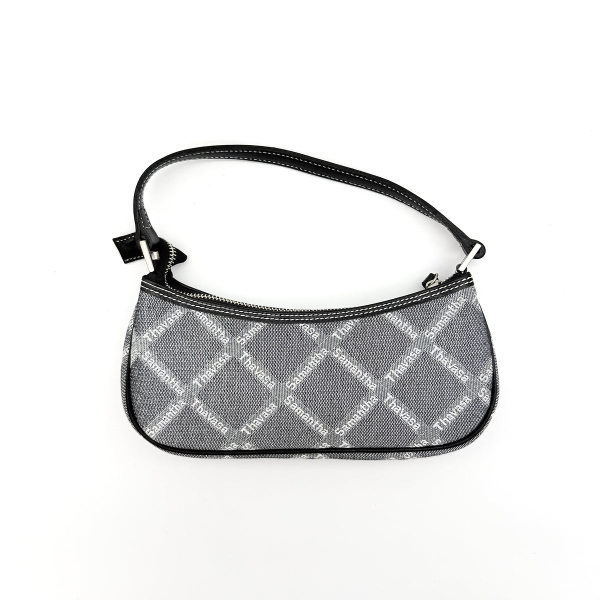 Samantha Thavasa Monogram Baguette Shoulder Bag in grey and black with all-over logo print and black strap.