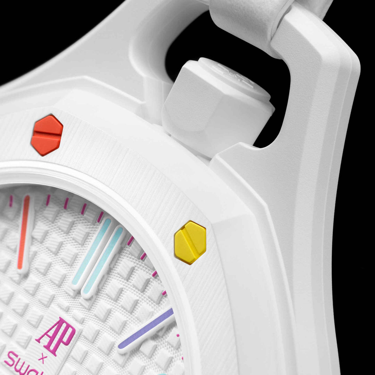 Swatch x Audemars Piguet Royal Pop Huit Blanc in white with colourful details, shown on a long strap with unique dial design.