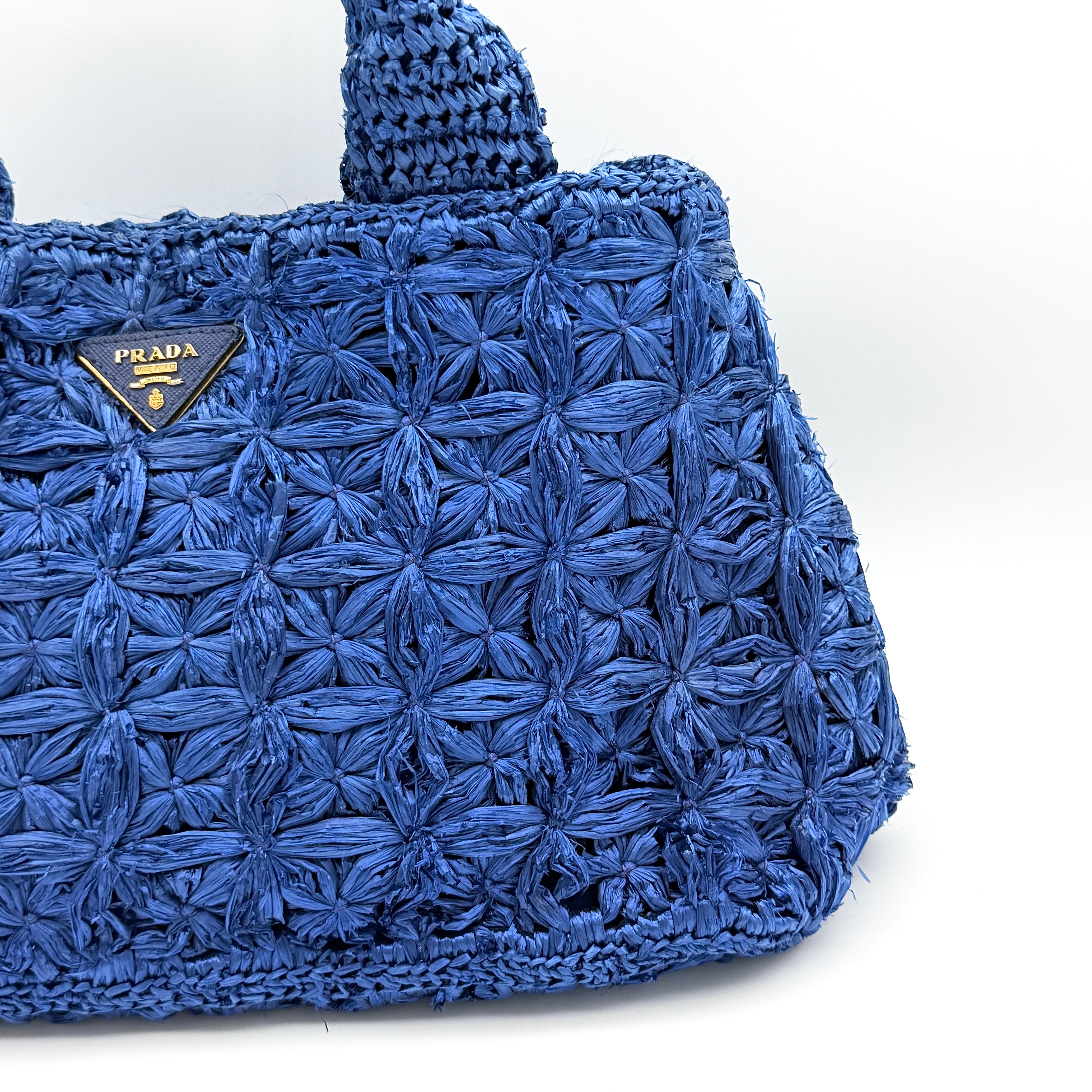 Prada Canapa Crochet Raffia Tote Bag Blue