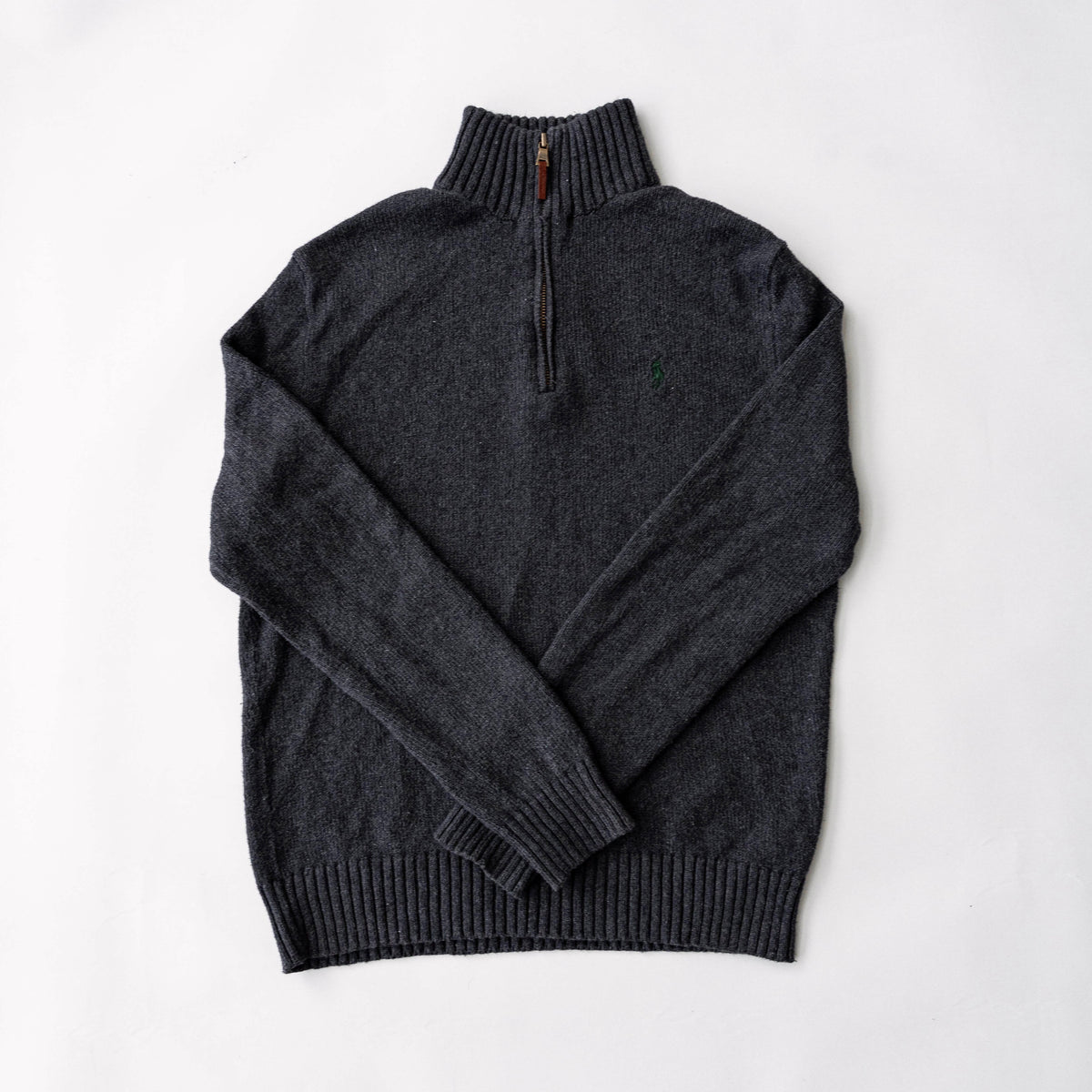 Dark grey Polo Ralph Lauren quarter zip mockneck pullover sweater with ribbed collar and green pony logo.