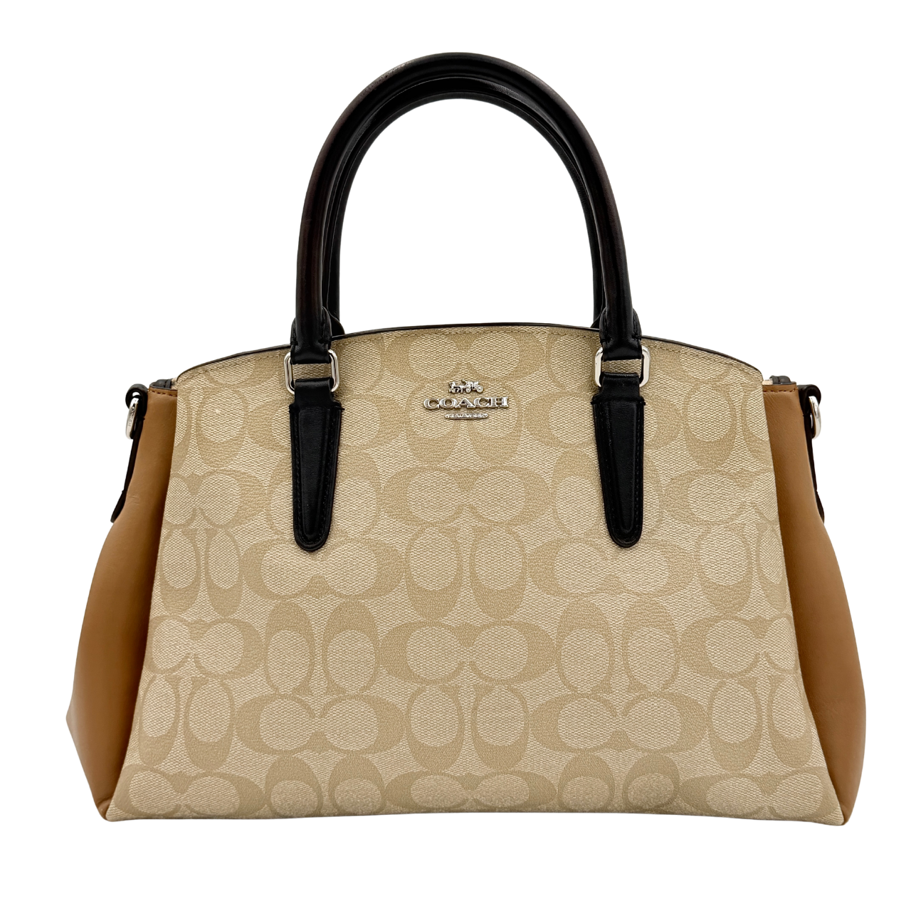 Coach Signature Sage Carryall in beige monogram canvas and tan leather with black handles, styled as an elegant, softly structured handbag.