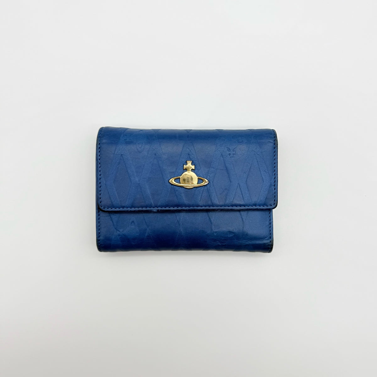 Vivienne Westwood blue leather trifold wallet with gold Orb emblem, shown with original box and documents.