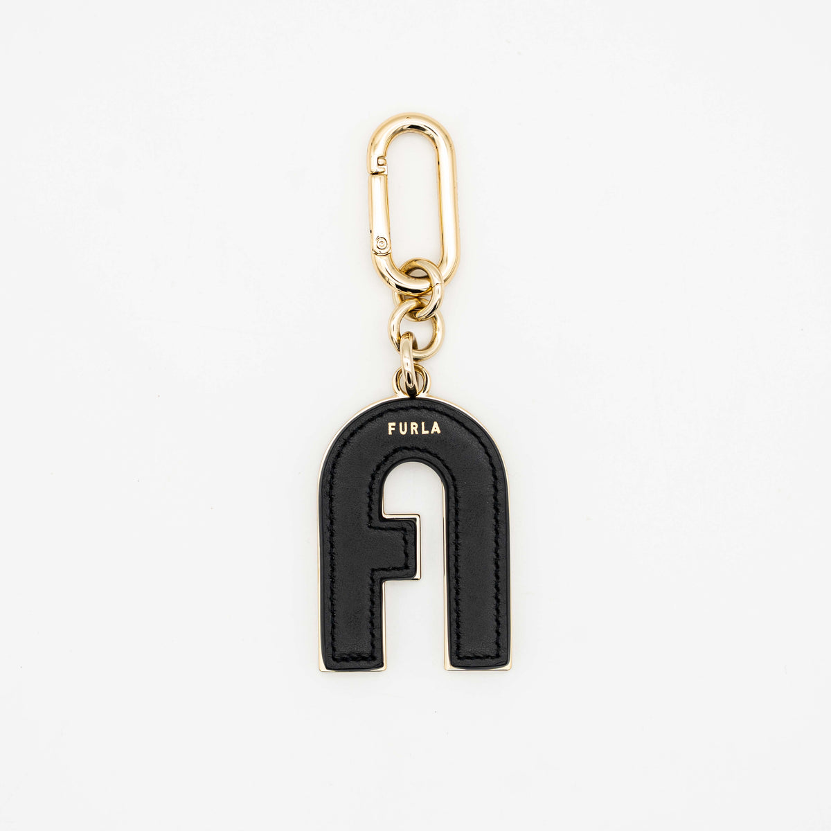 Furla Venus Arch Logo keychain in black leather with gold-tone hardware and clasp.