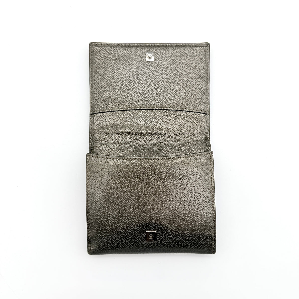 Salvatore Ferragamo Gancini Embossed Bifold Wallet in metallic grey textured leather, front view.