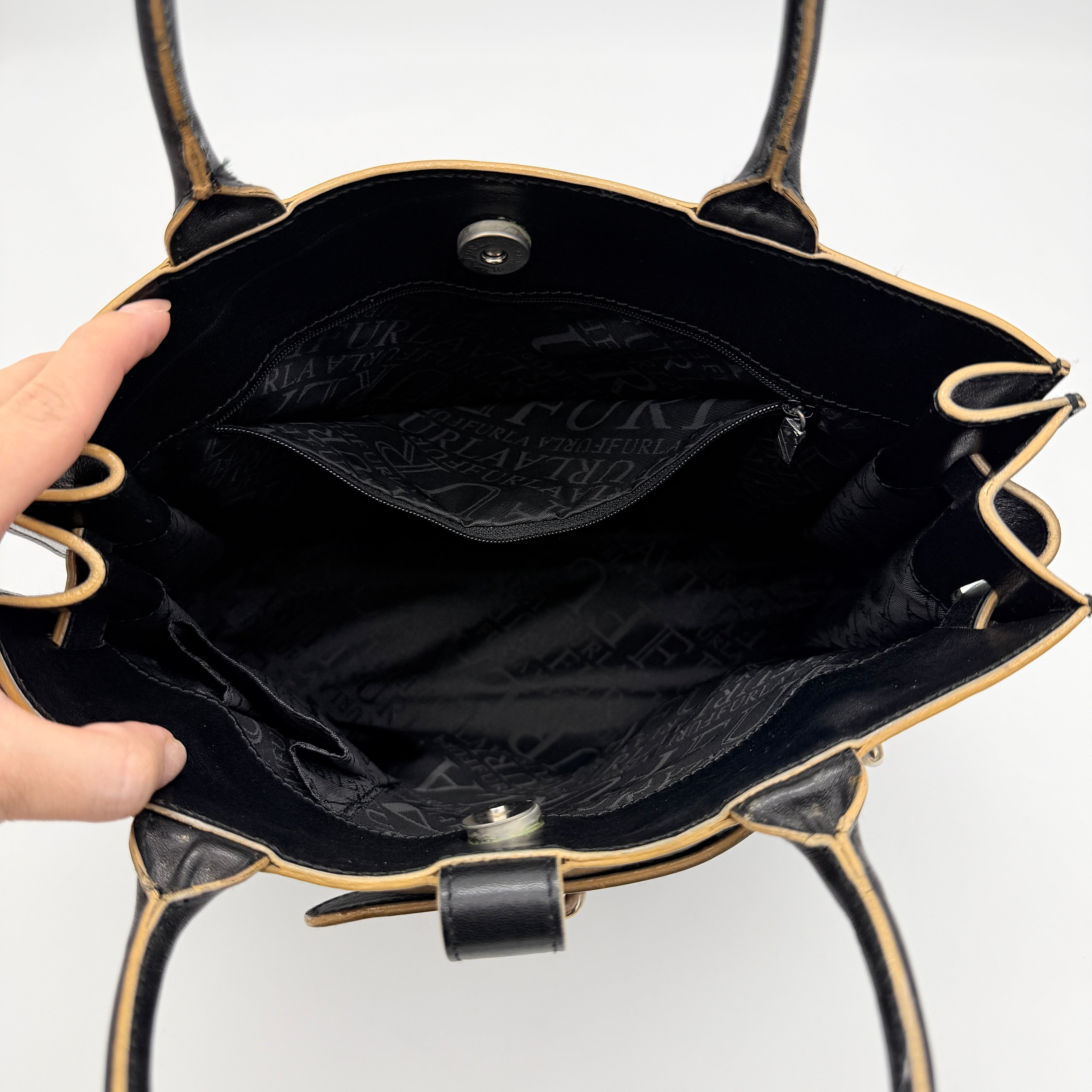 Furla Logo Plaque Leather Tote Bag Black