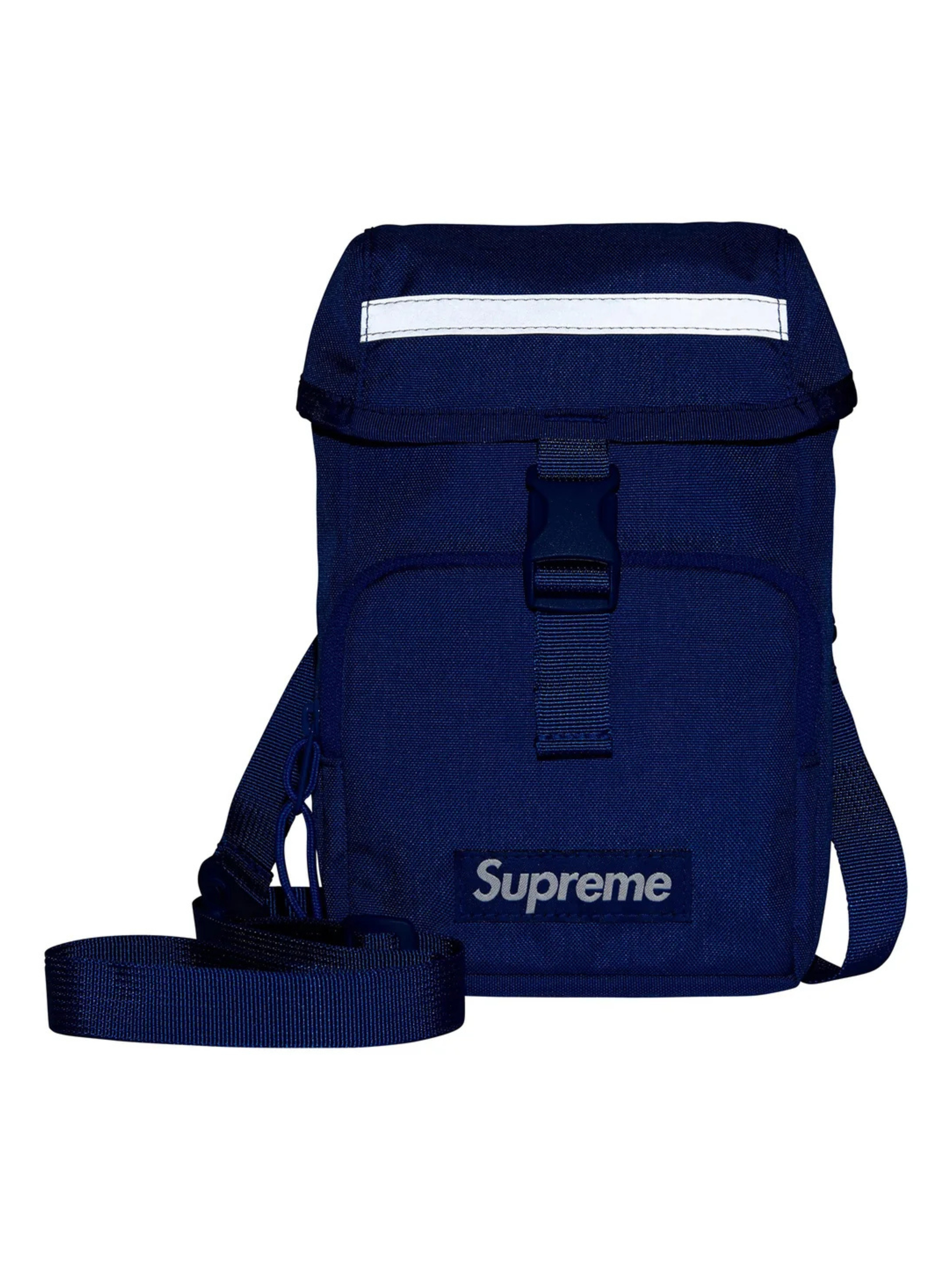 Supreme Camera Bag Blue FW24 in durable Cordura nylon with reflective strip, buckle flap, and bold white logo