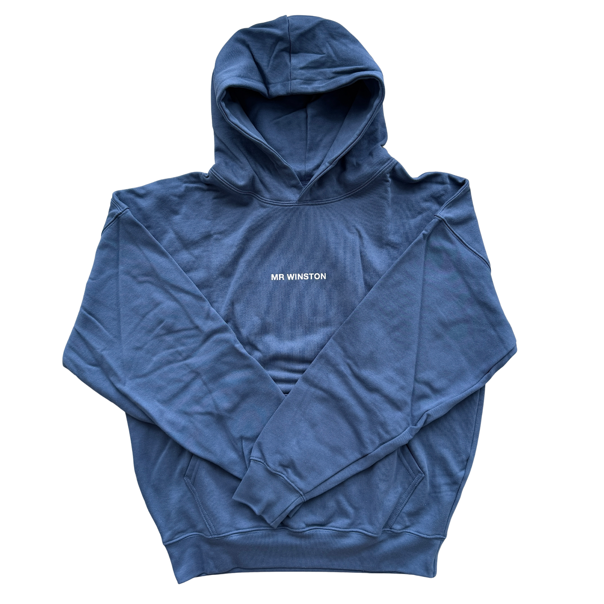 Mr Winston navy hooded sweatshirt with front logo detail, shown laid flat.
