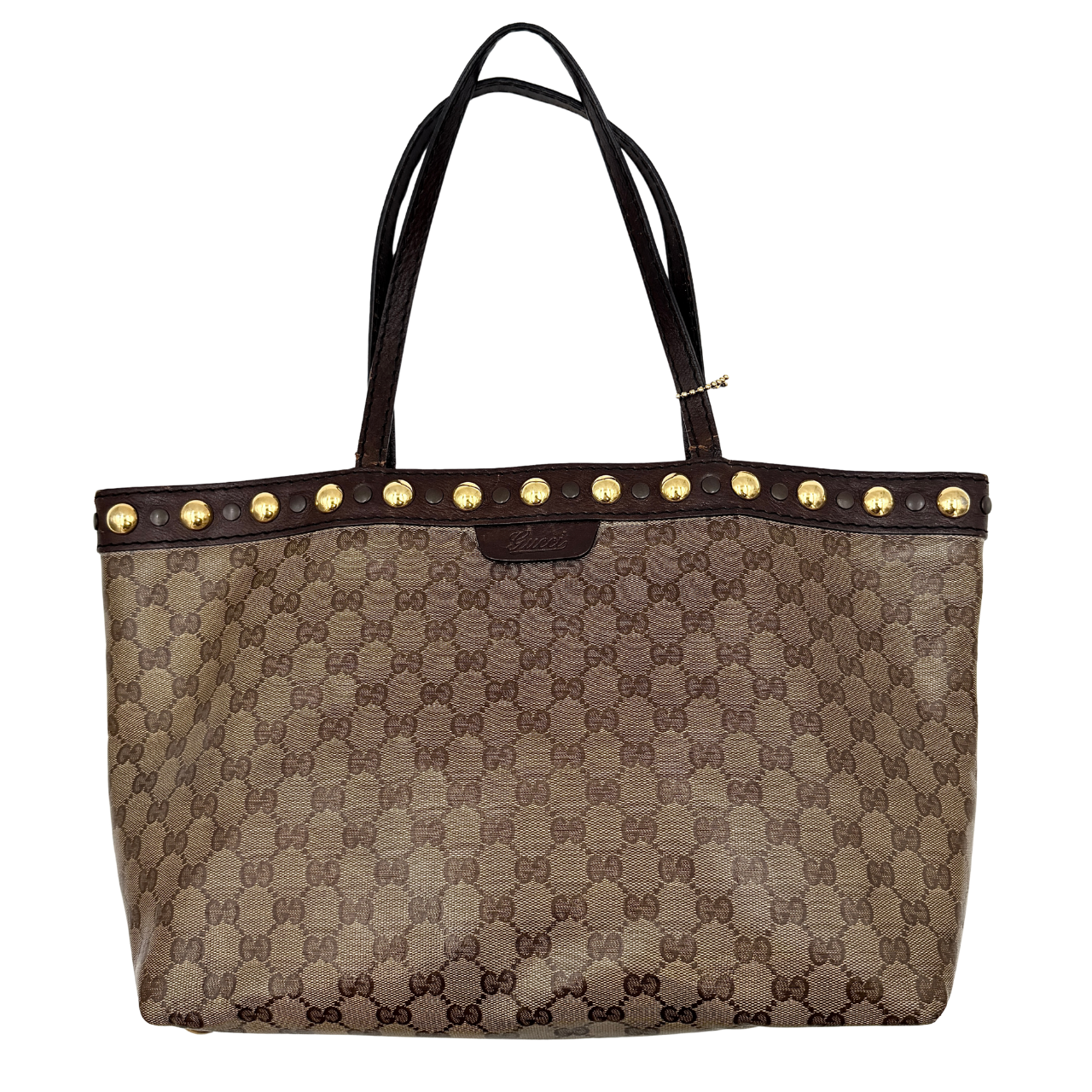 Gucci Babouska shoulder bag in GG monogram crystal canvas with gold-tone stud details and brown leather trim.