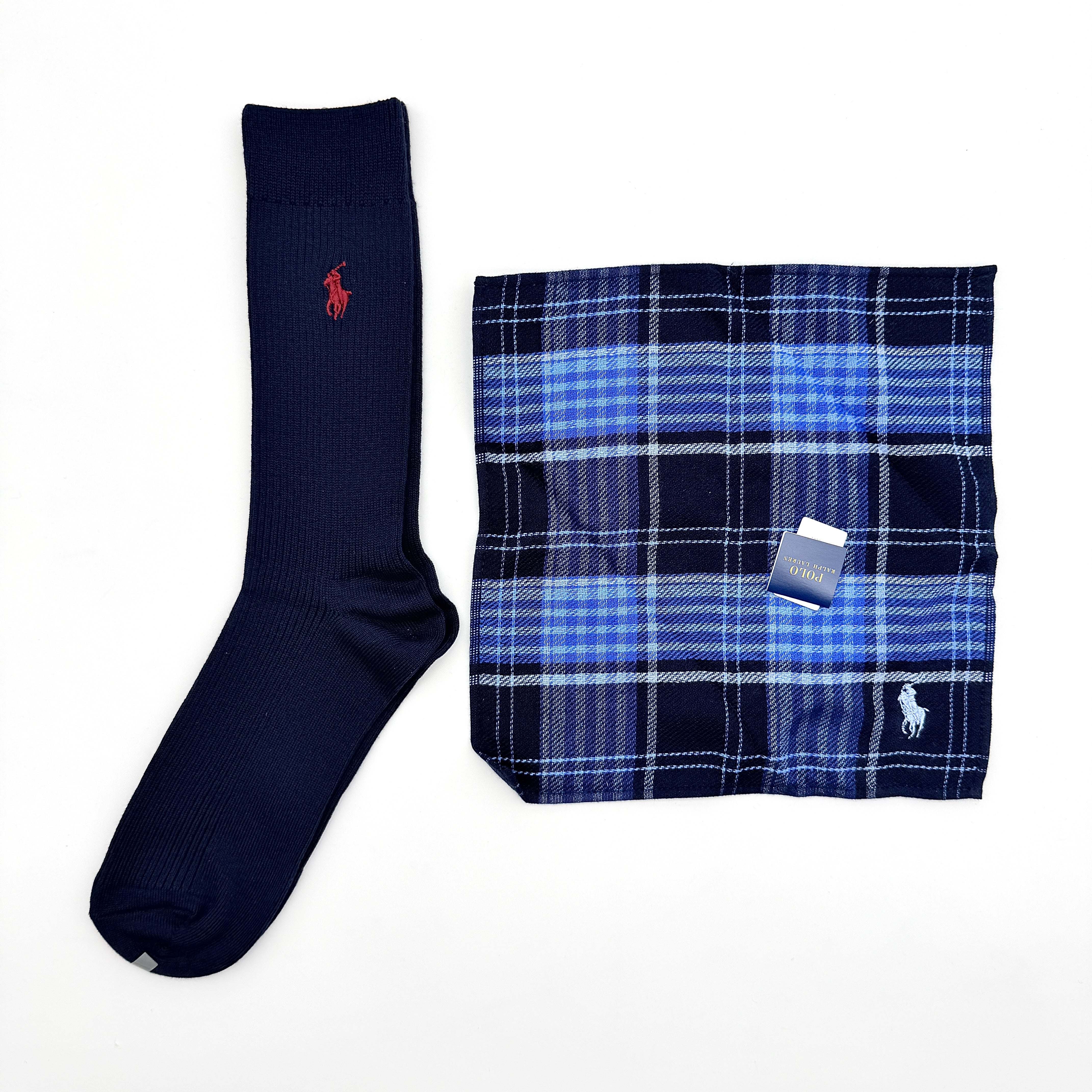 Polo Ralph Lauren Gift Set Navy (Ribbed Socks & Plaid Handkerchief)