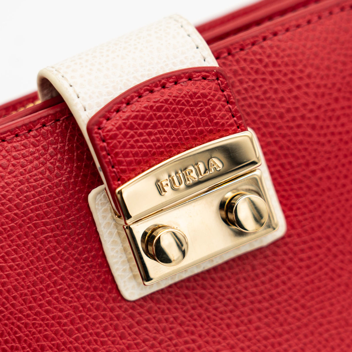 Furla Metropolis Compact Wallet in red leather with gold hardware, shown with original box, dust bag, and cards.