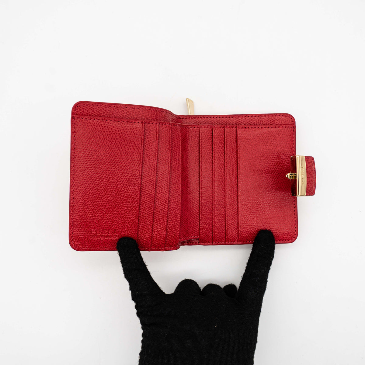 Furla Metropolis Compact Wallet in red leather with gold hardware, shown with original box, dust bag, and cards.