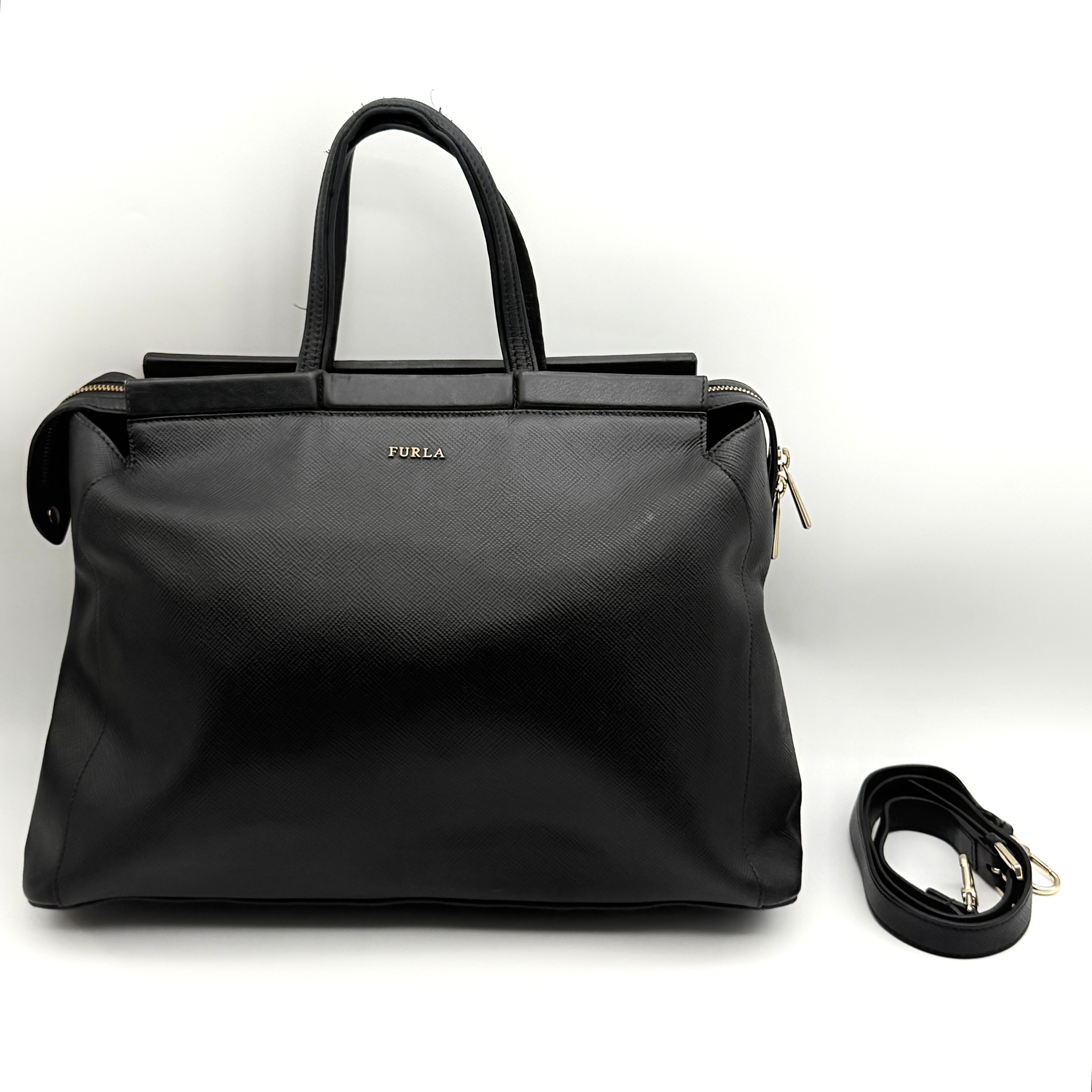 Furla 2Way Leather Zip Top Tote Bag Black