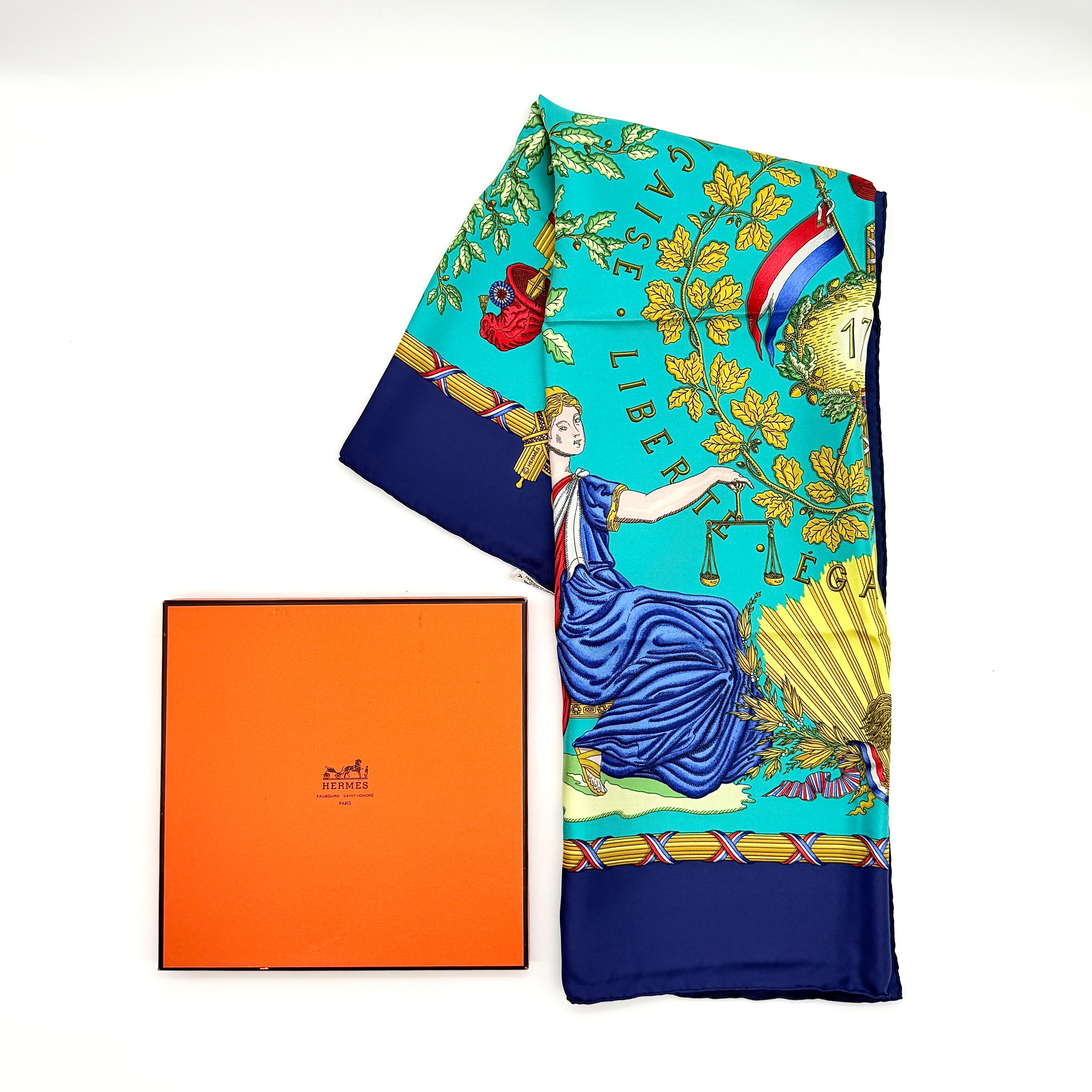 Hermès Liberté Égalité Fraternité Silk Scarf Blue