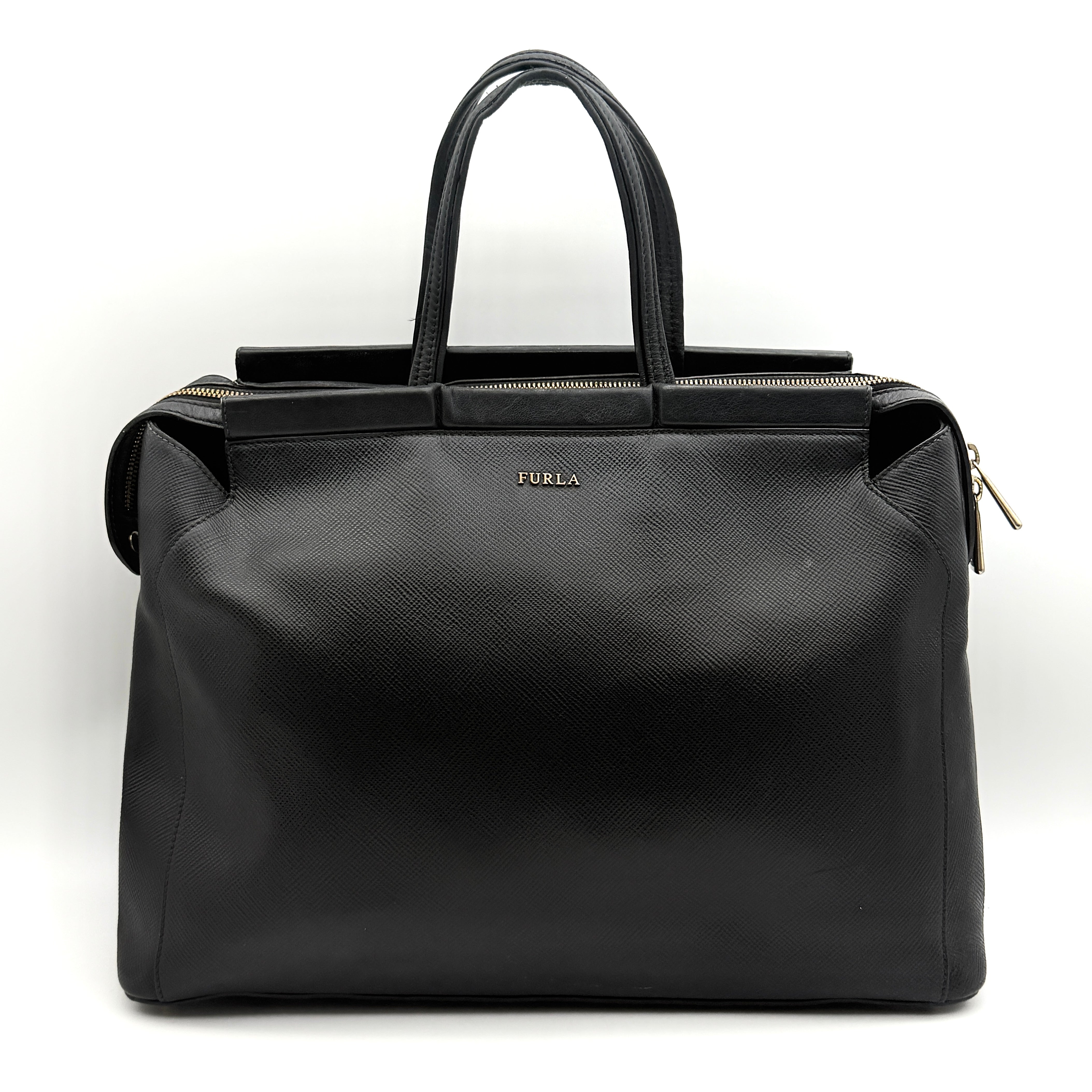 Furla 2Way Leather Zip Top Tote Bag Black