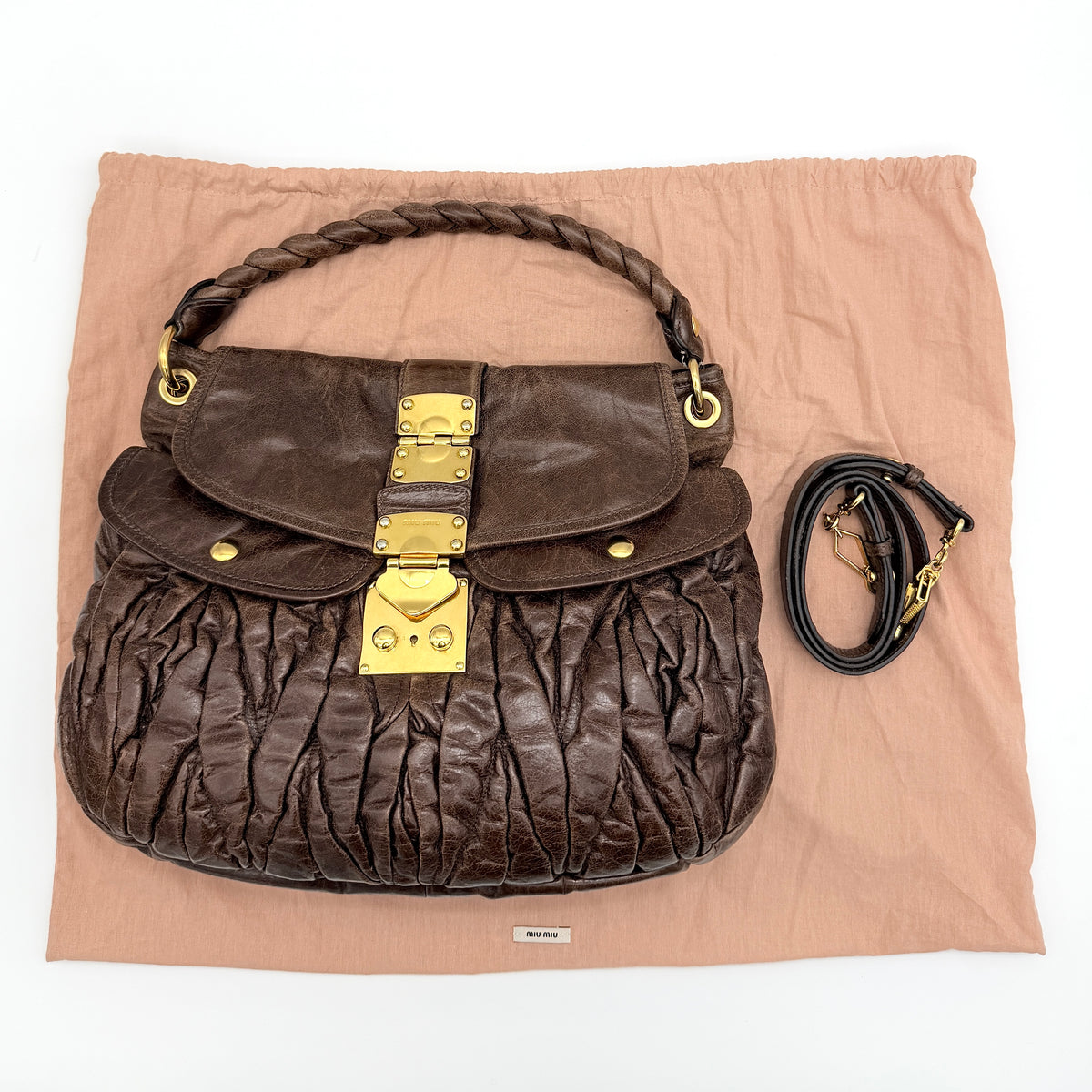 Miu Miu 2Way Matelasse Coffer Hobo Shoulder Bag Dark Brown