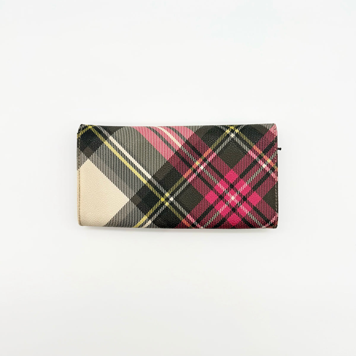 Vivienne Westwood multicolour tartan check long wallet with gold orb logo, shown closed against a white background.