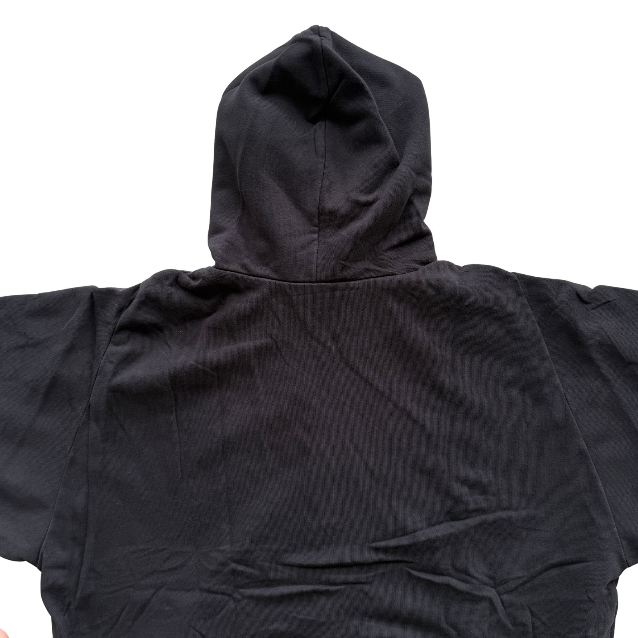 Yeezy x Gap black XL zip up hoodie with hood and front pocket, laid flat showing entire front.