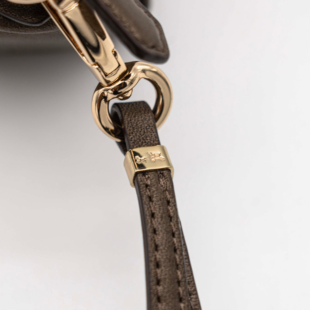 Coach cosmetic pouch in brown and beige leopard print canvas with chocolate leather trim and gold hardware, shown with wrist strap.