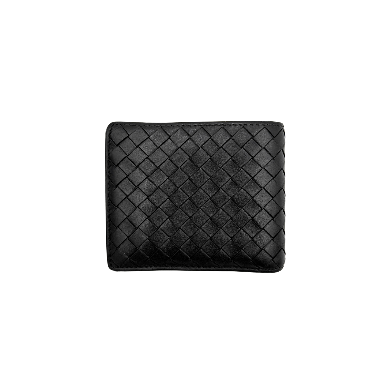 Bottega Veneta black intrecciato leather wallet shown against a plain background highlighting its woven texture.