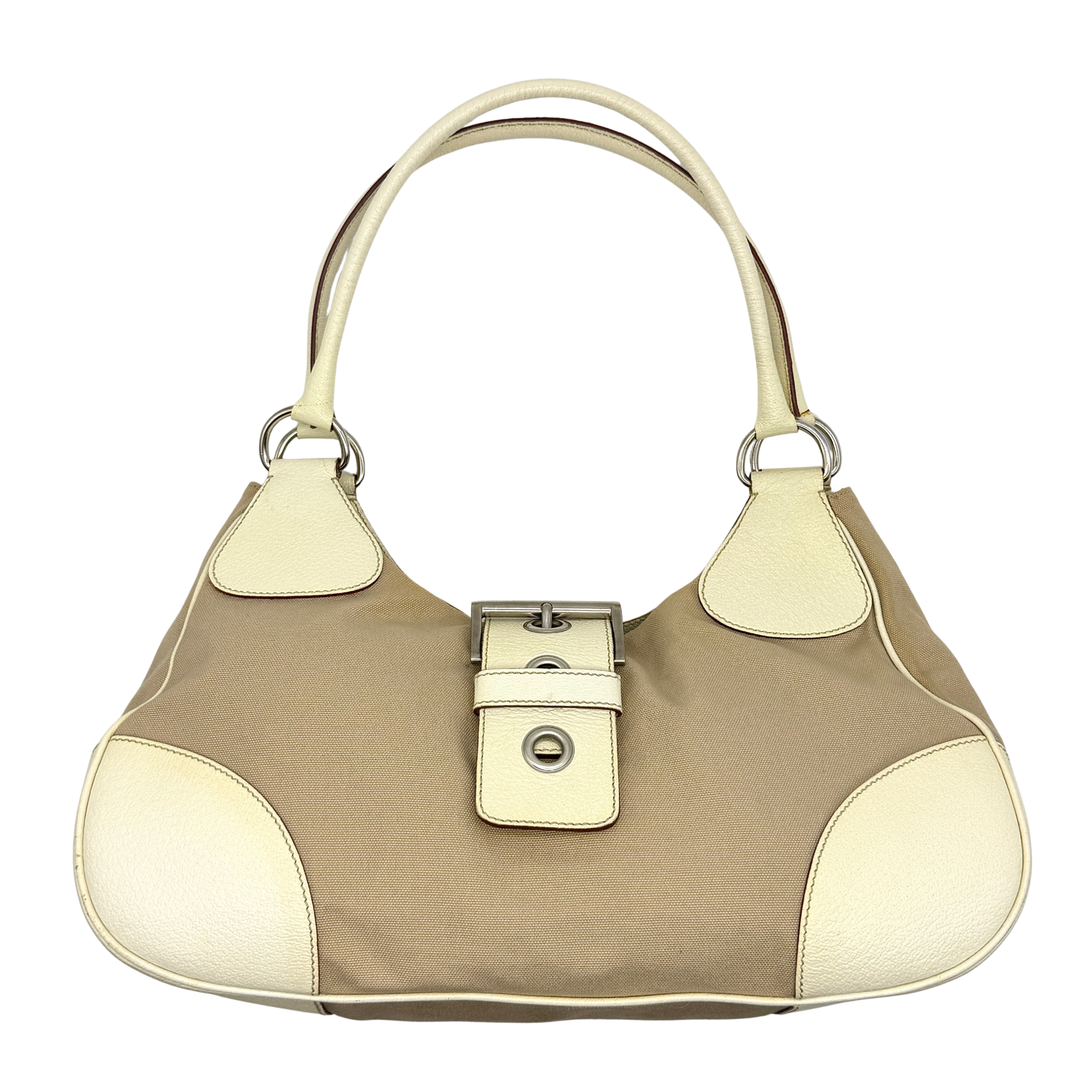 Prada Enamelled Moon Shoulder Bag Beige/Cream