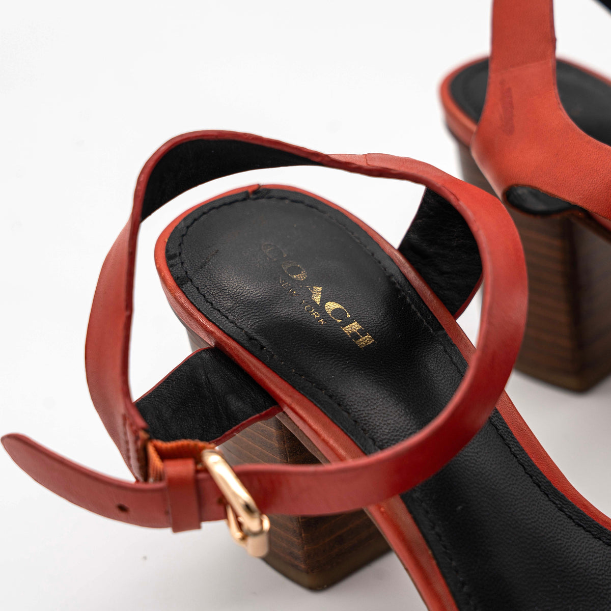 Coach Phoebe block heels in red leather with gold chain detailing, displayed with chunky wood-stacked heels and adjustable ankle straps.