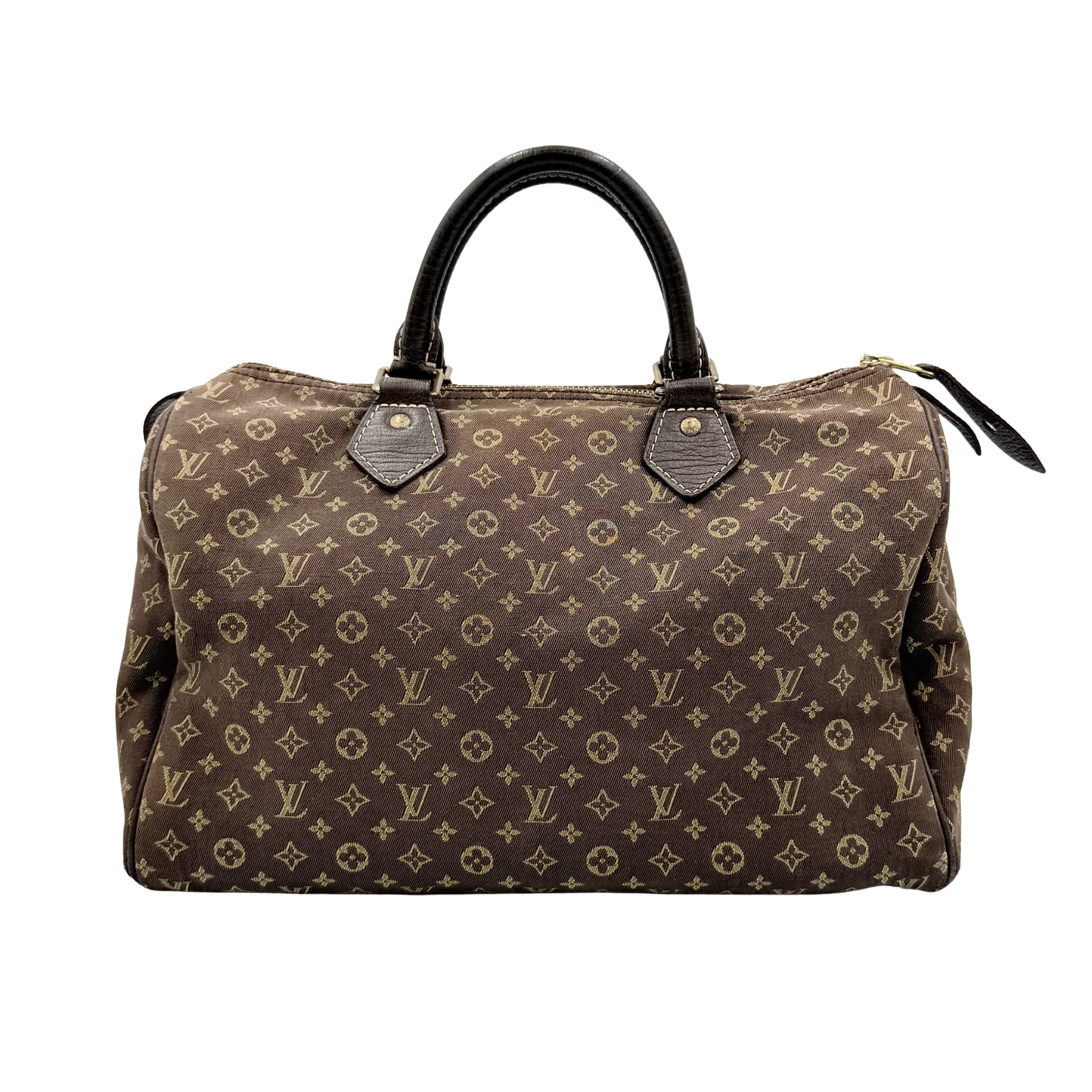 Louis Vuitton Monogram Mini Lin Speedy 30 in brown textile with top handles and monogram motif, shown against a white background.
