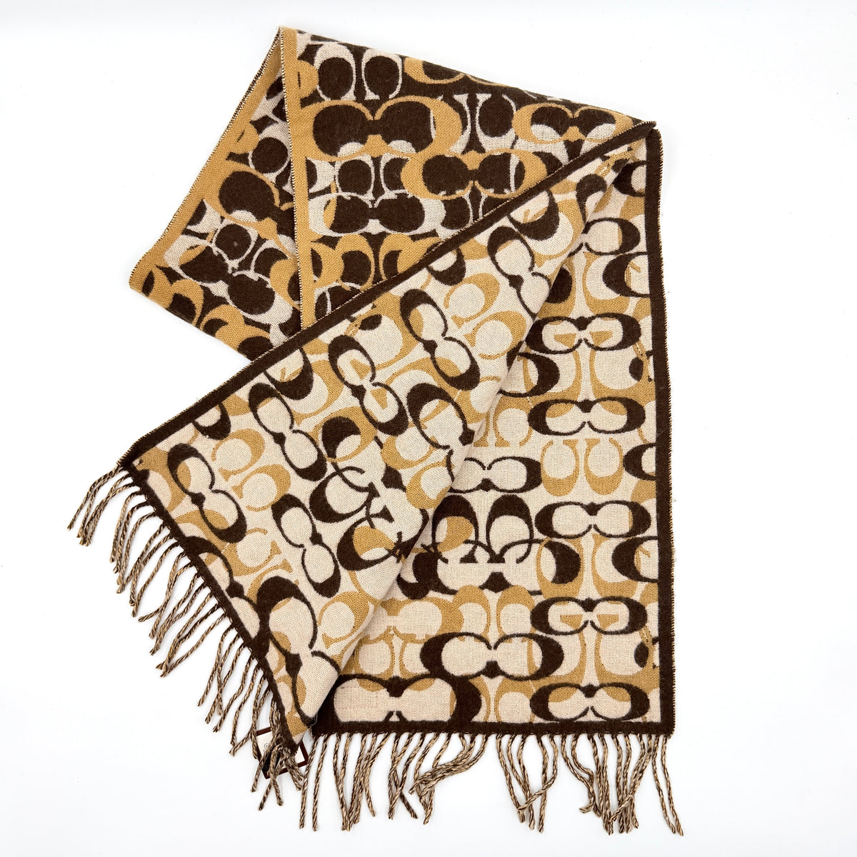 Coach Signature C Reversible Wool-Cashmere Fringe Scarf Brown/Cream