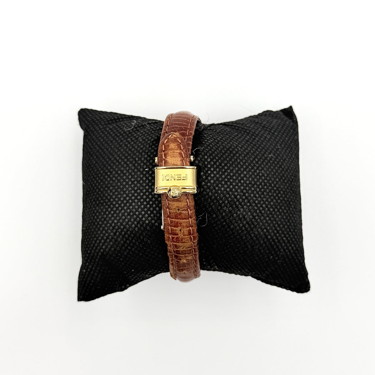 Fendi 350L Orologi Quartz Watch in gold with brown leather strap, displayed with original box and booklet.