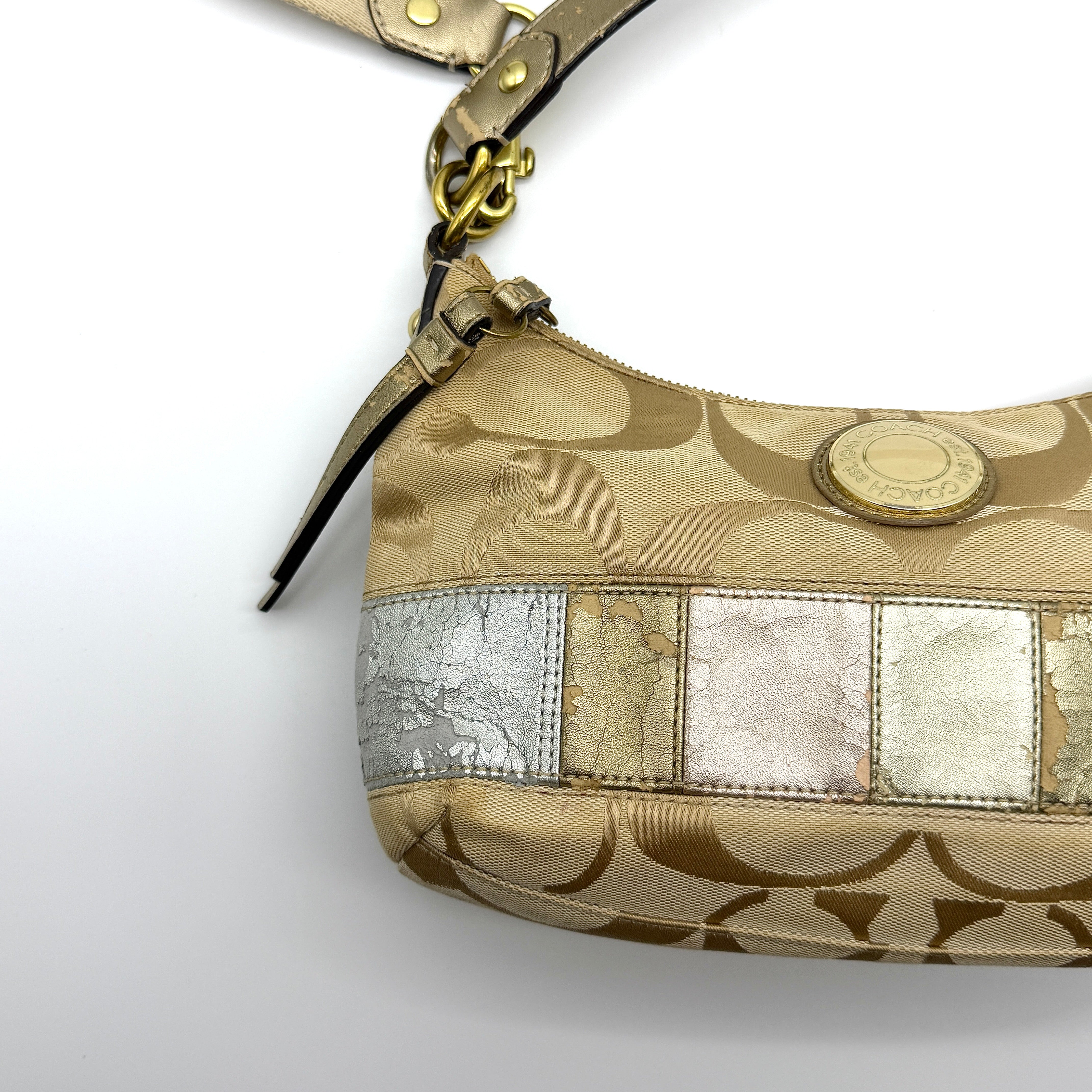 Coach 2Way Signature Metallic Strip Shoulder Bag Multicolor
