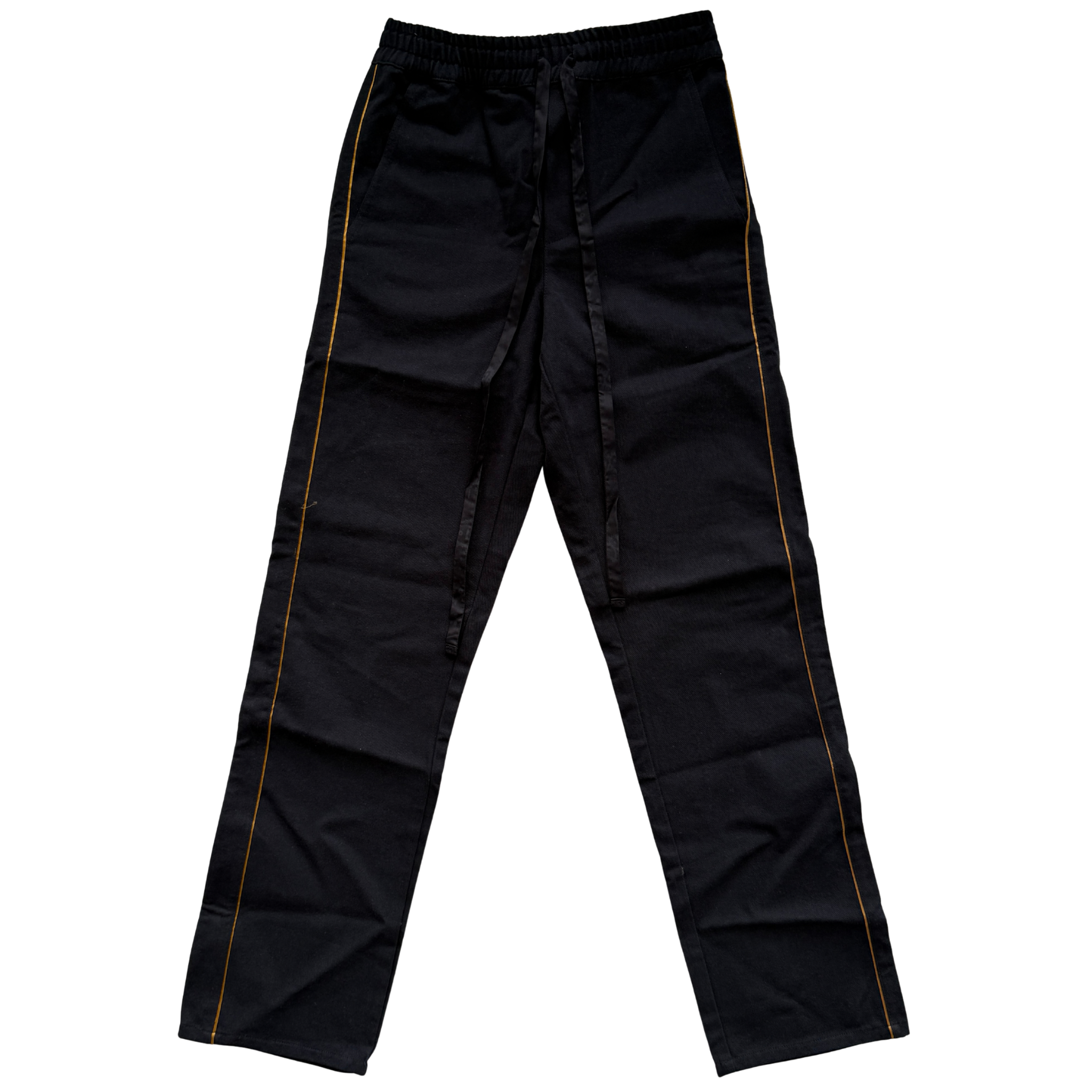 Rhude Piped Twill Pant in black cotton twill with ochre piping and a relaxed drawstring waist.