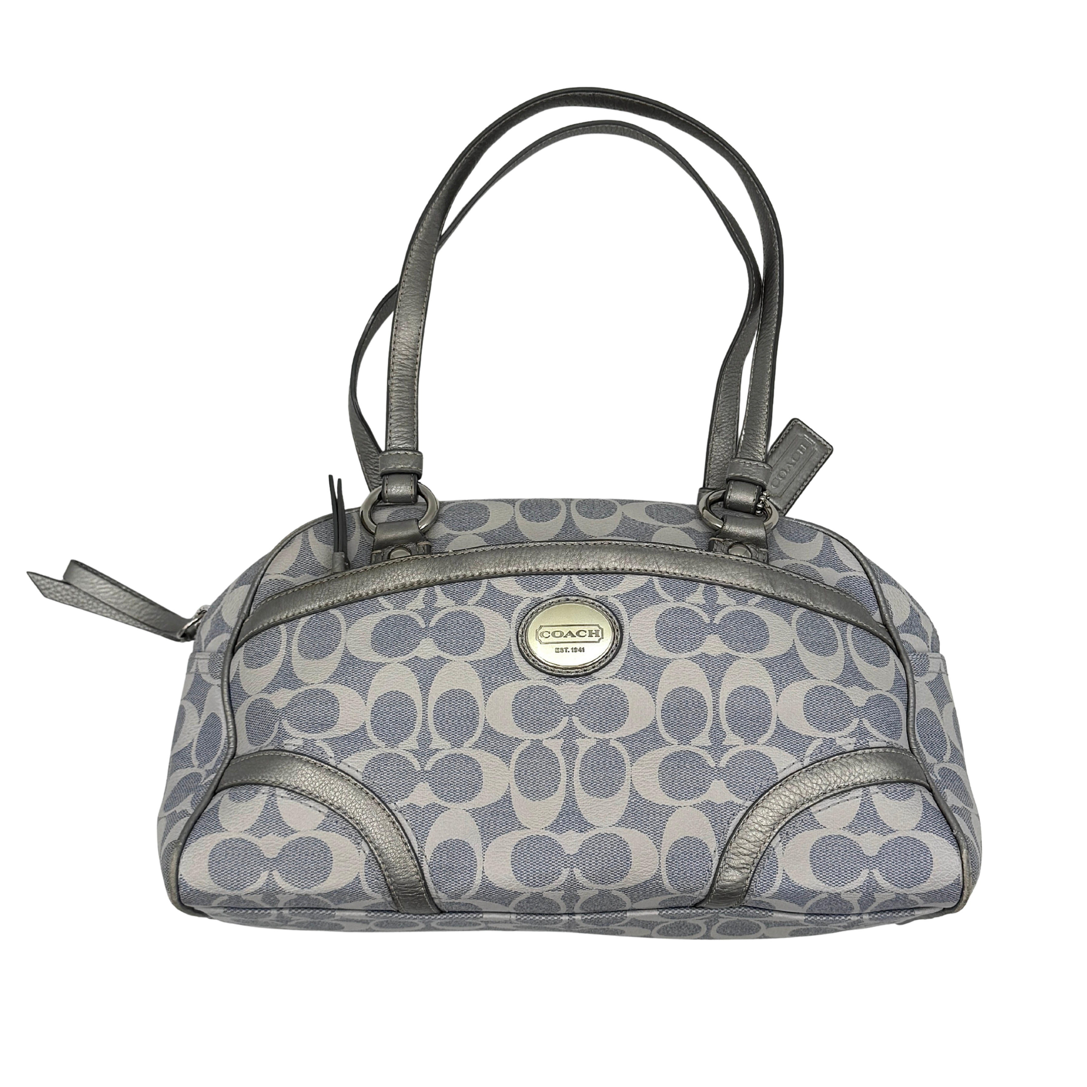 Coach Signature Peyton Satchel in light blue and grey canvas with metallic leather trim and double handles, shown against a white background.