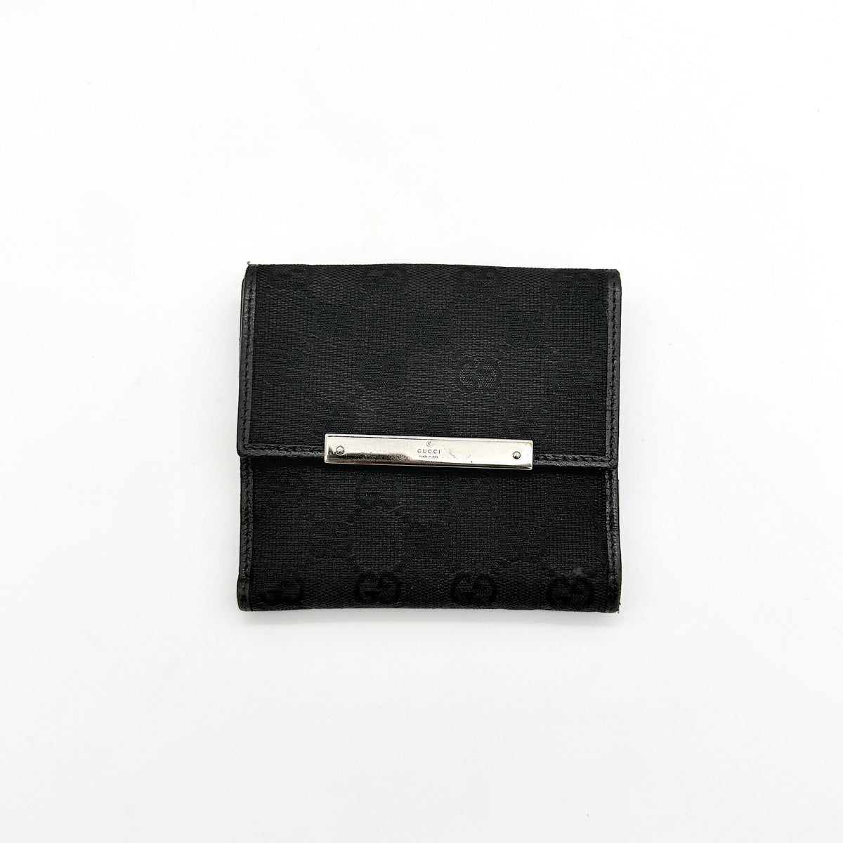 Gucci black GG Monogram French Flap Wallet with silver-tone bar hardware and original box.