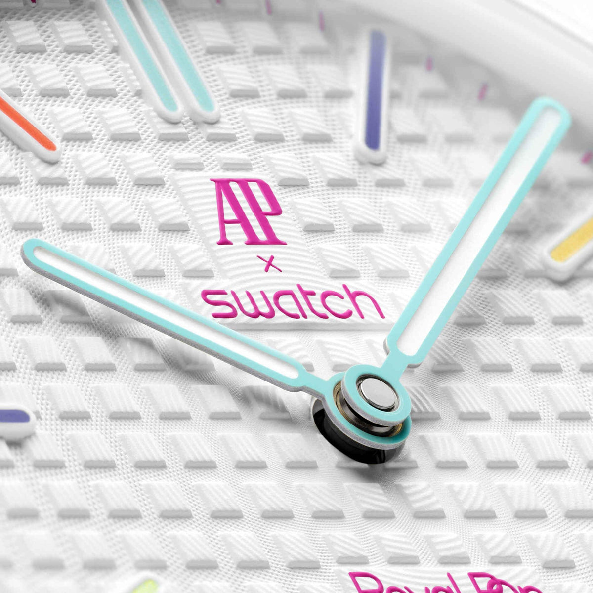 Swatch x Audemars Piguet Royal Pop Huit Blanc in white with colourful details, shown on a long strap with unique dial design.