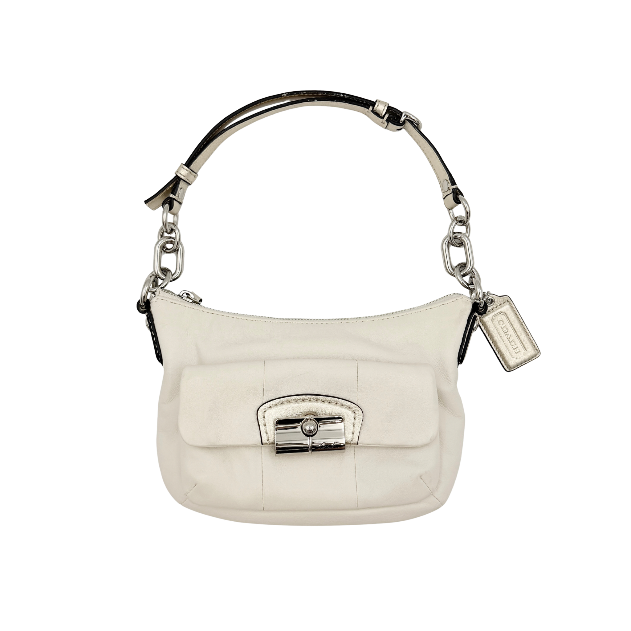 Coach Kristin Hobo Shoulder Bag in ivory leather with silver-tone hardware and a structured short strap.