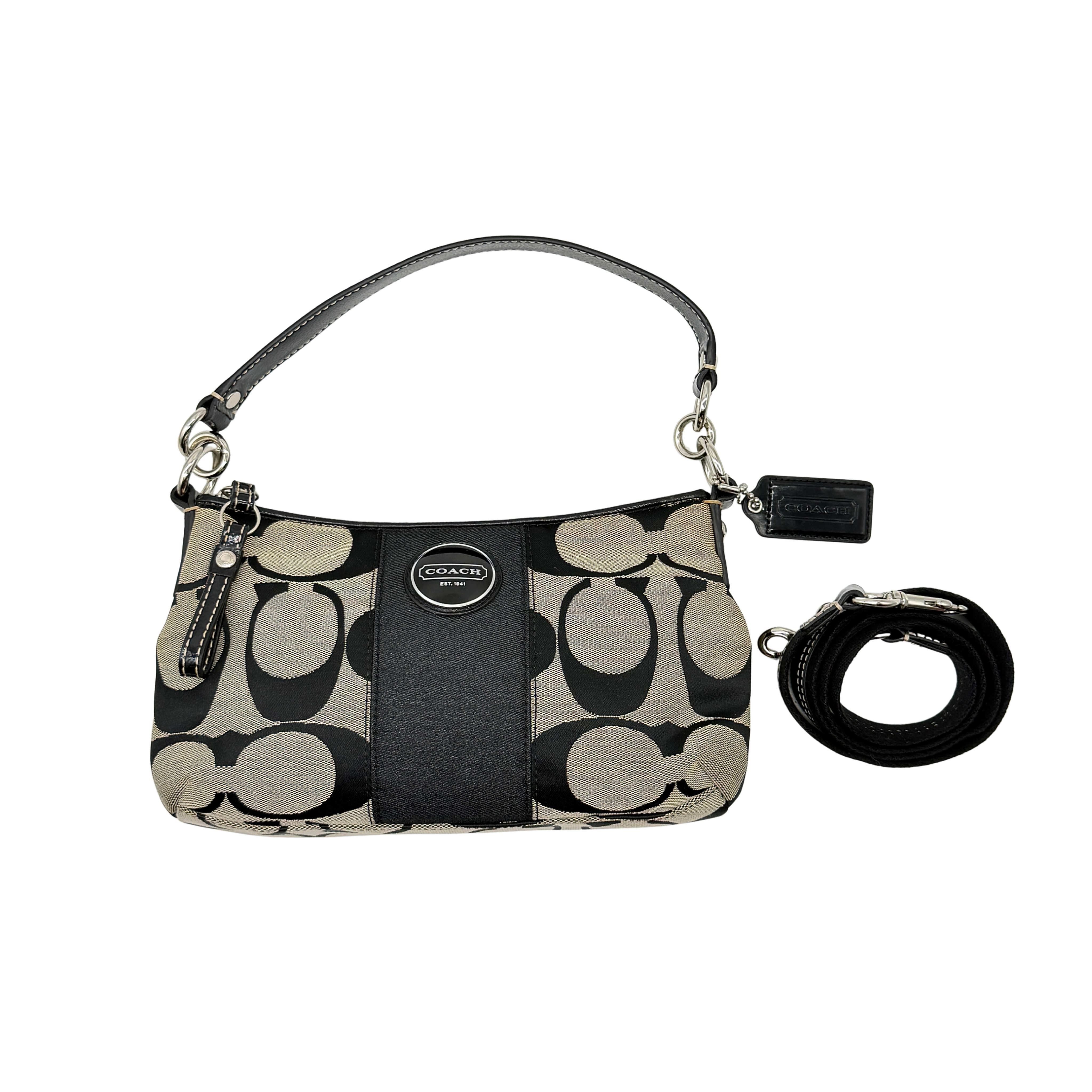 Coach 2Way Signature Strip Shoulder Bag Grey/Black