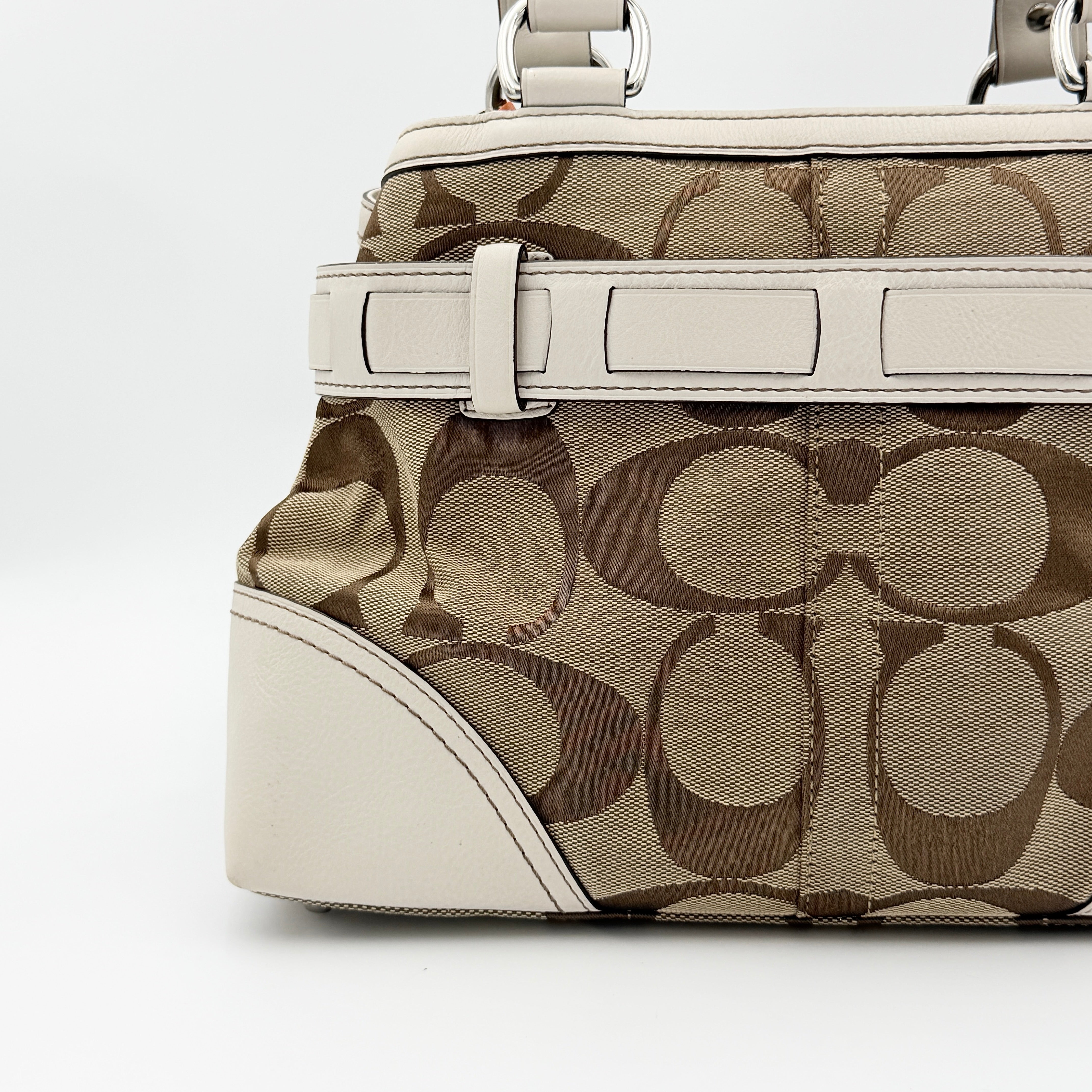 Coach Signature Hampton Python Stripe Handbag in multicolour leather and canvas with silver-tone hardware and an orange scarf detail.