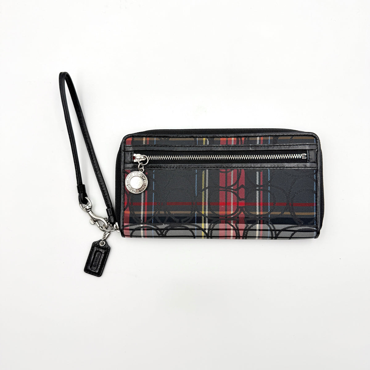 Coach Signature Tartan Accordion Zip-Around Wristlet Wallet Multi