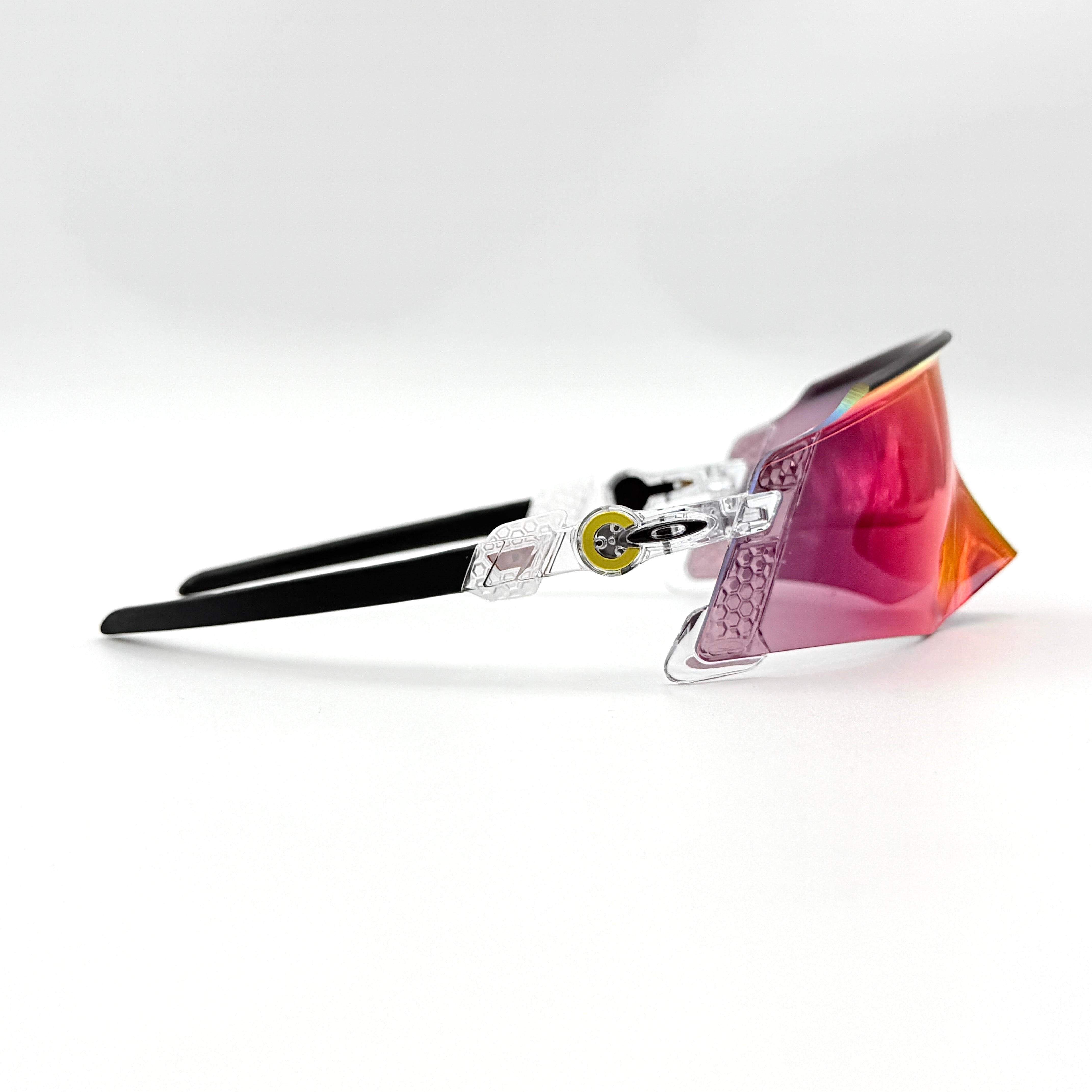 Oakley Kato Tour de France 2022 sunglasses with clear frame and Prizm Road lens, Tour de France yellow accents.
