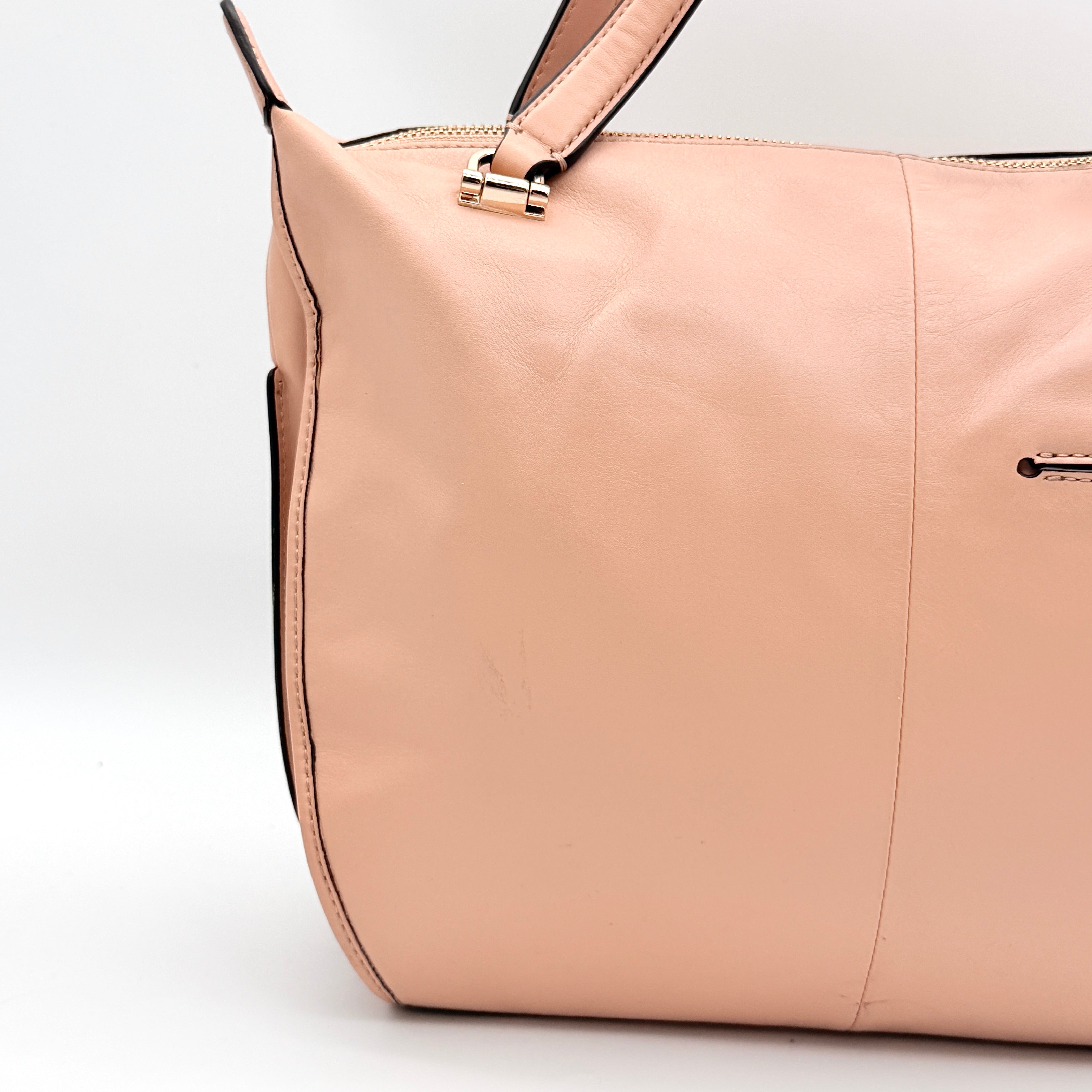 Coach Madison Smythe Satchel in blush pink leather with gold-tone hardware and detachable strap.