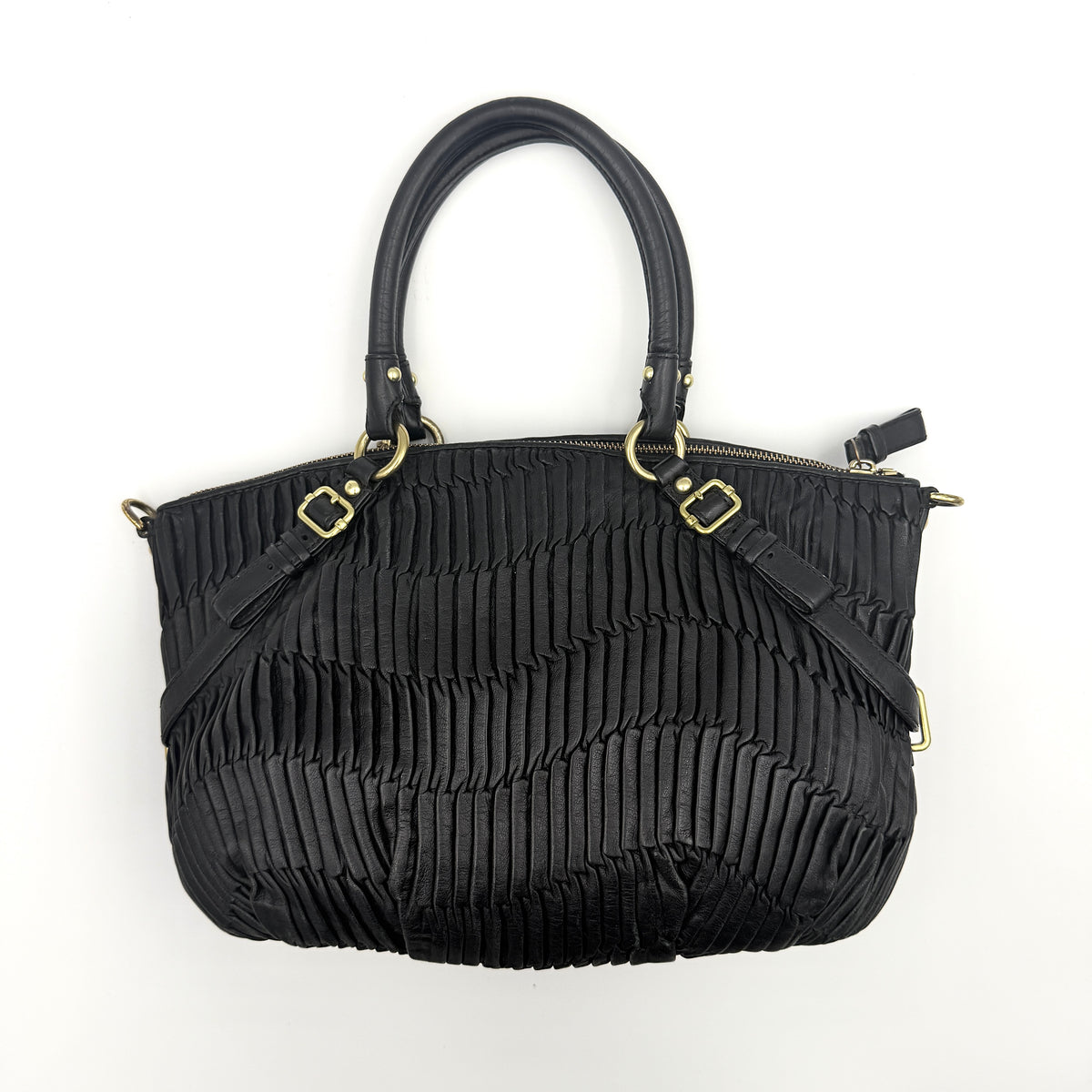 Coach Sophia Madison Pleated Shoulder Bag in black leather with gold hardware, displayed with detachable strap and dust bag.